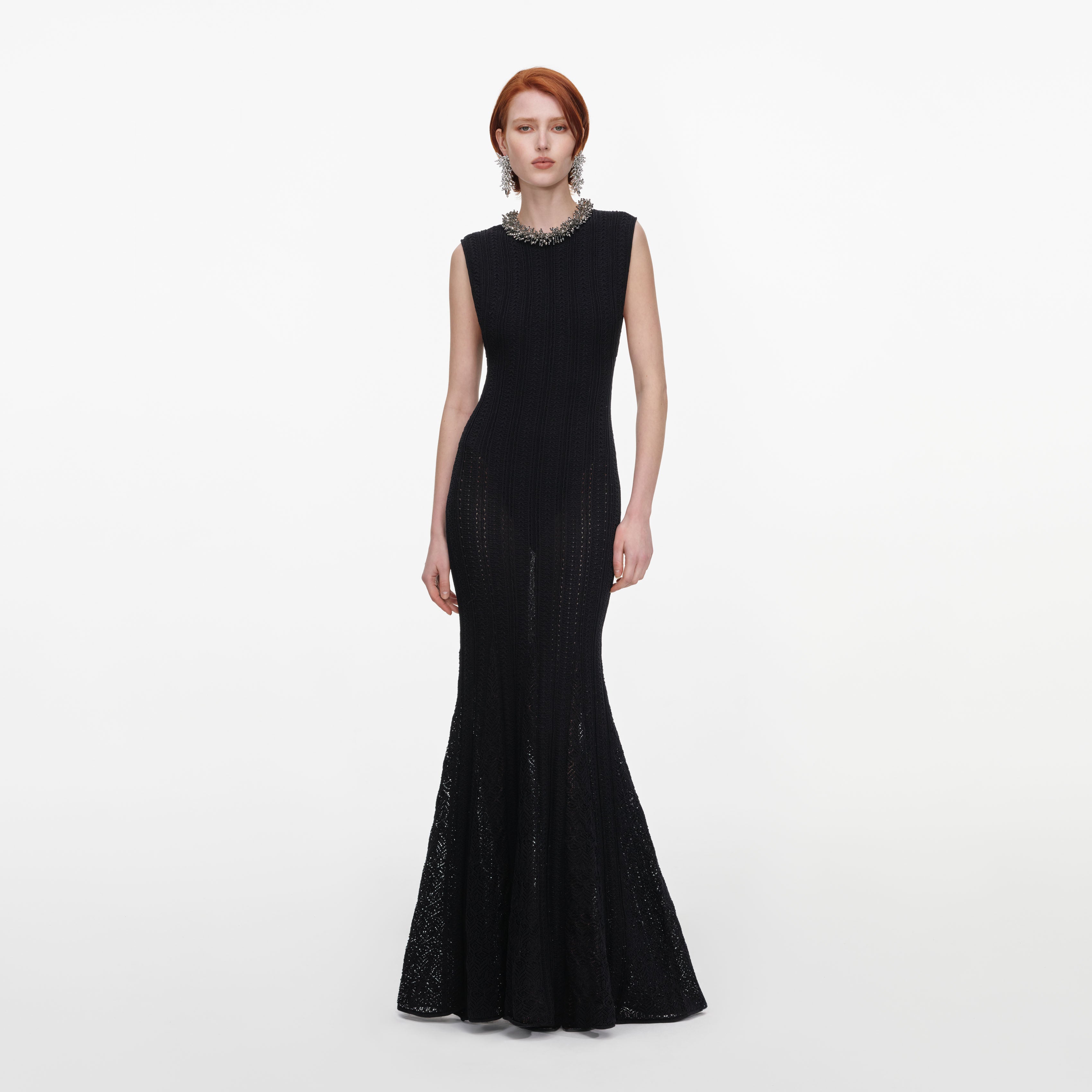 Self-Portrait Dresses Maxikleid Schwarz Pointelle Perlen