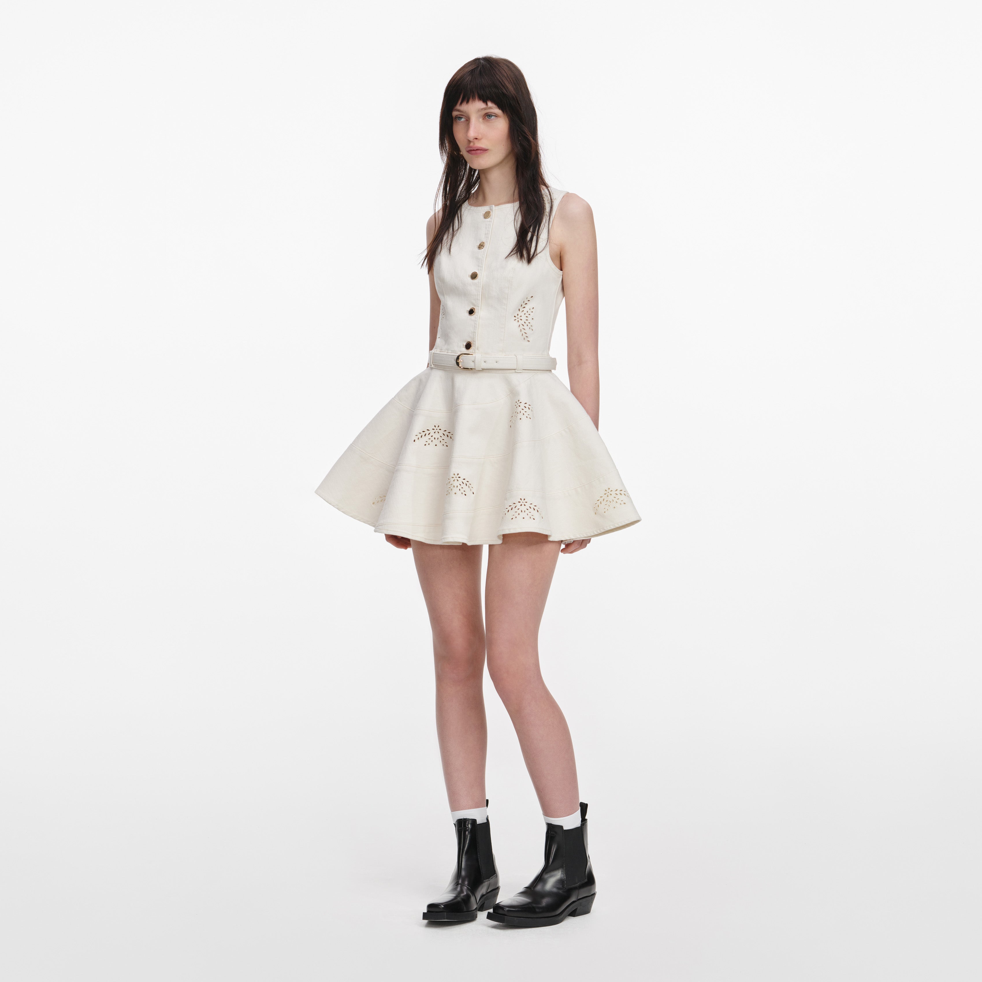 Self Portrait Denim Broderie Mini Kleid Creme UK 6