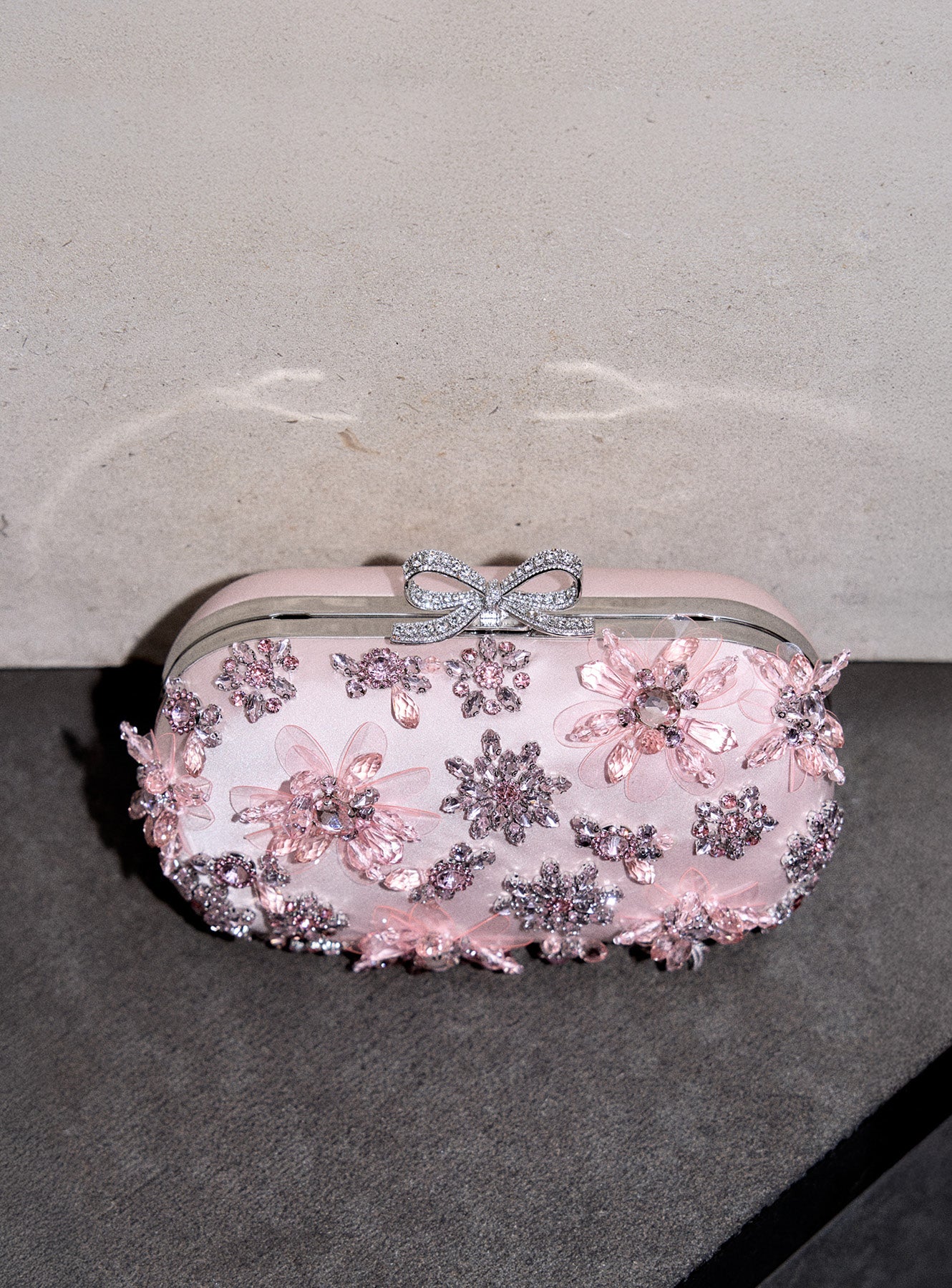 Self Portrait Pink Satin Floral Crystal Clutch Rosa