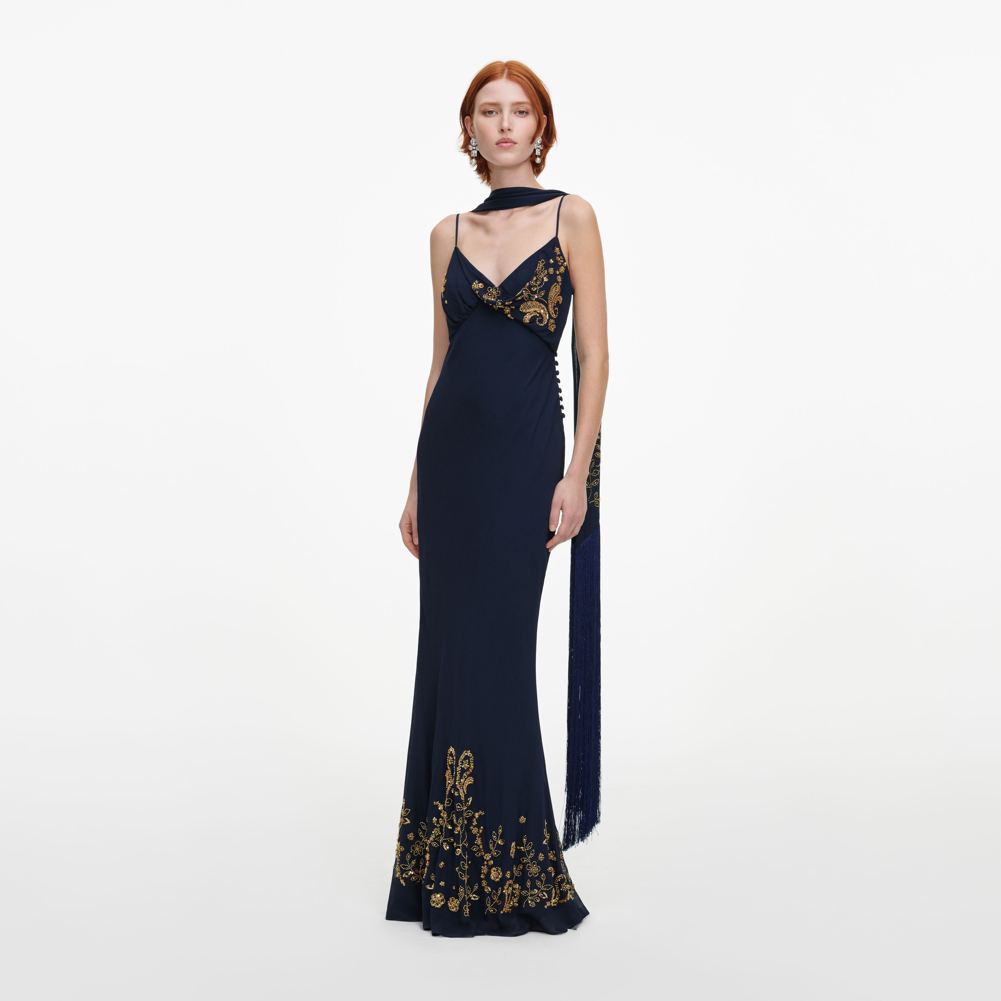 Self Portrait Navy Georgette Scarf Maxi Dress Blau