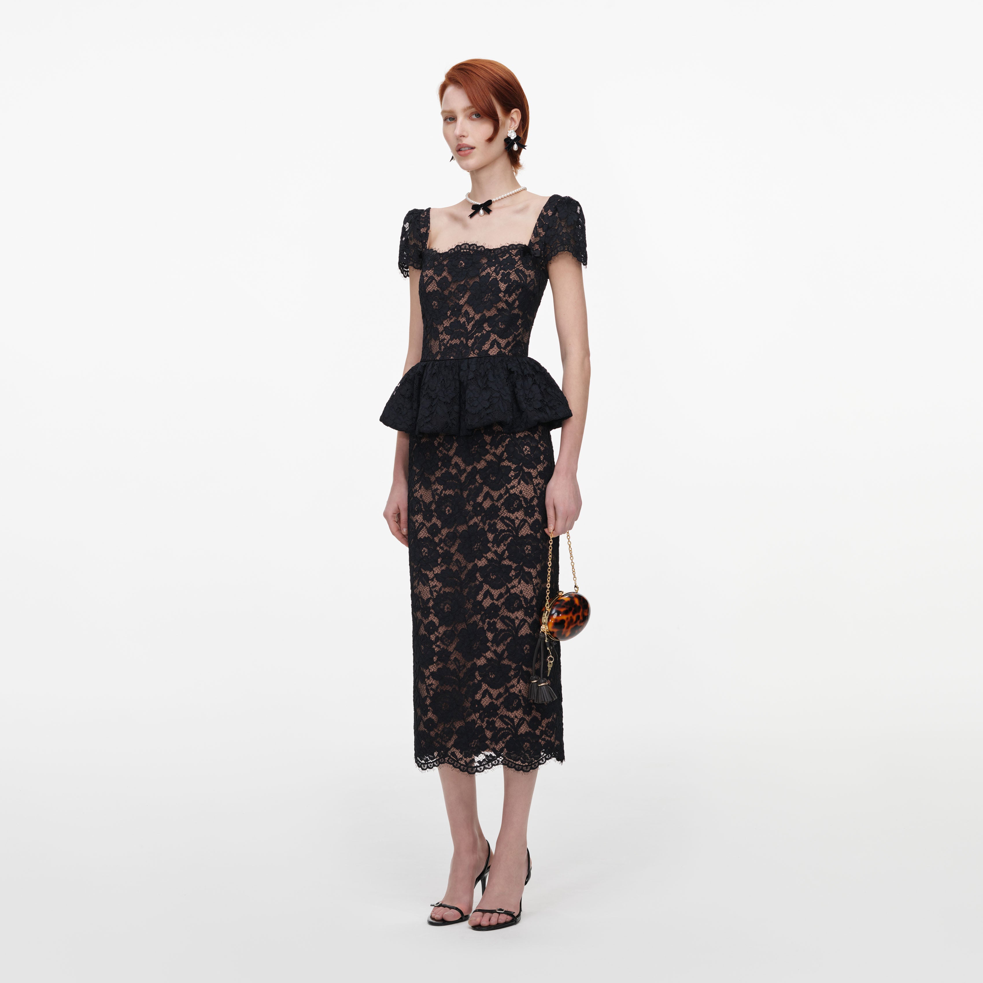 Self Portrait Black Lace Peplum Midi Spitzenkleid Schwarz