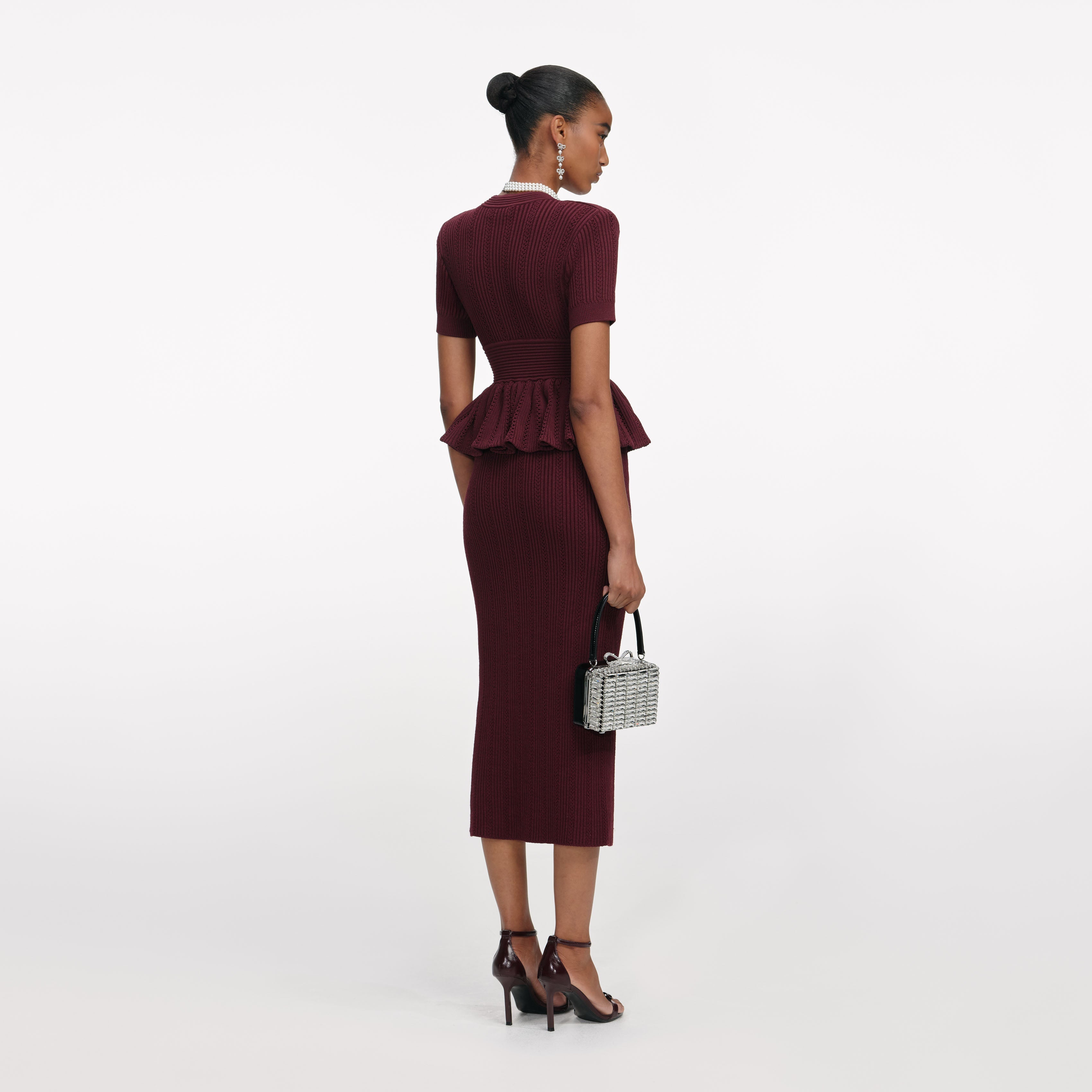 Self Portrait Burgundy Pointelle Knit Midi Kleid Bordeaux