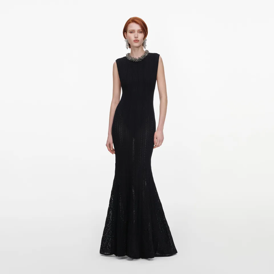 Self-Portrait Dresses Maxikleid Schwarz Pointelle Perlen