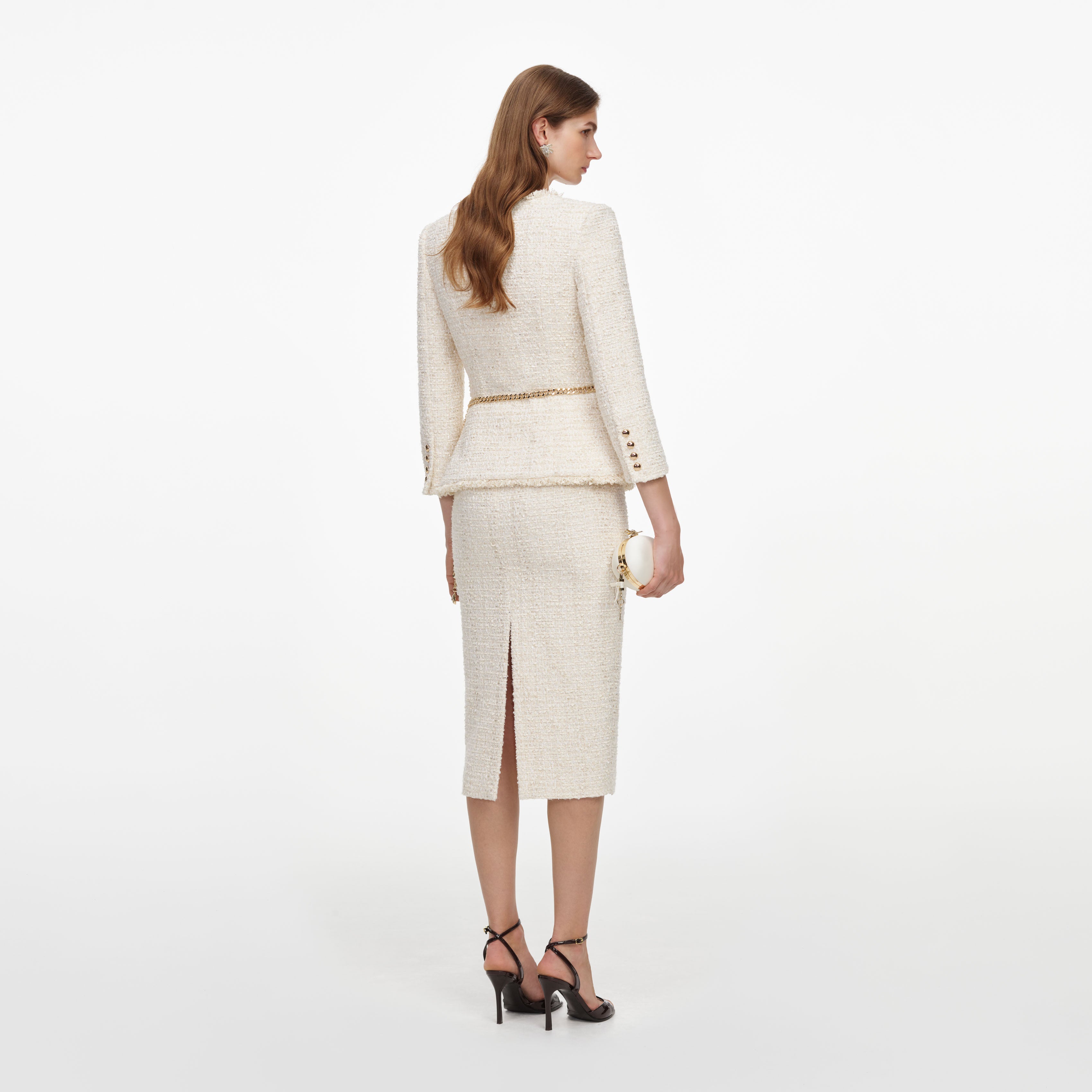 Self Portrait Dresses Cream Boucle Midikleid Creme mit Kette