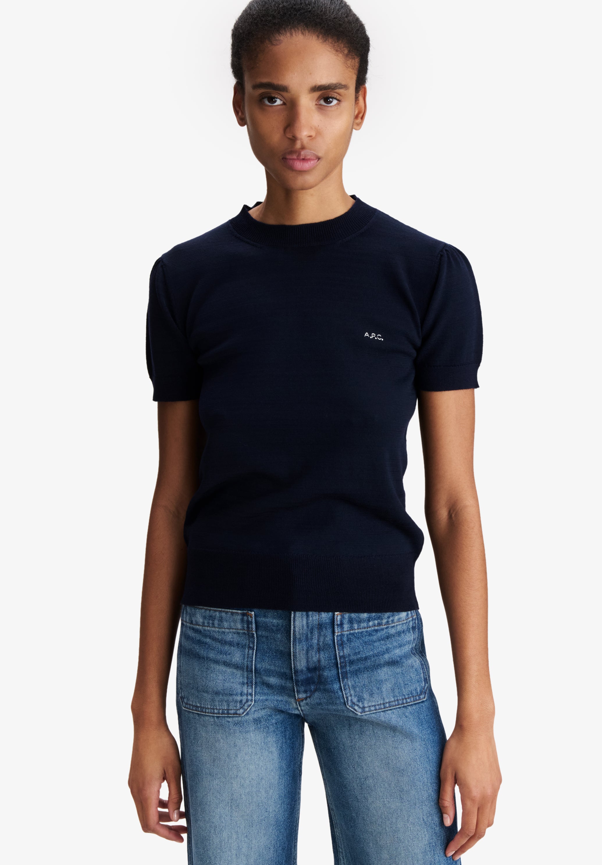 A.P.C. Knitwear Merino Pullover marineblau kurzarm