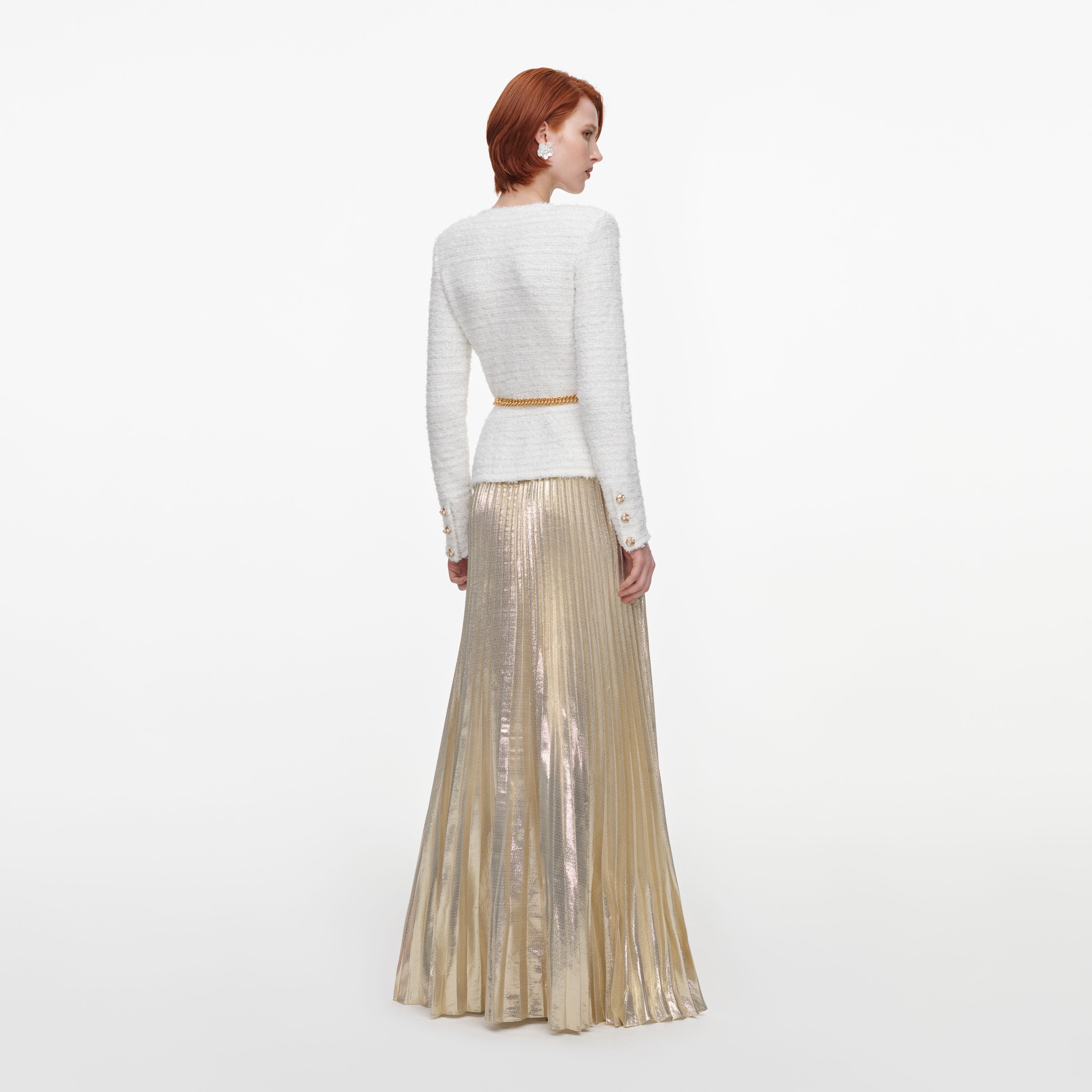 Self Portrait Cream Gold Maxikleid Creme Chiffon Strick