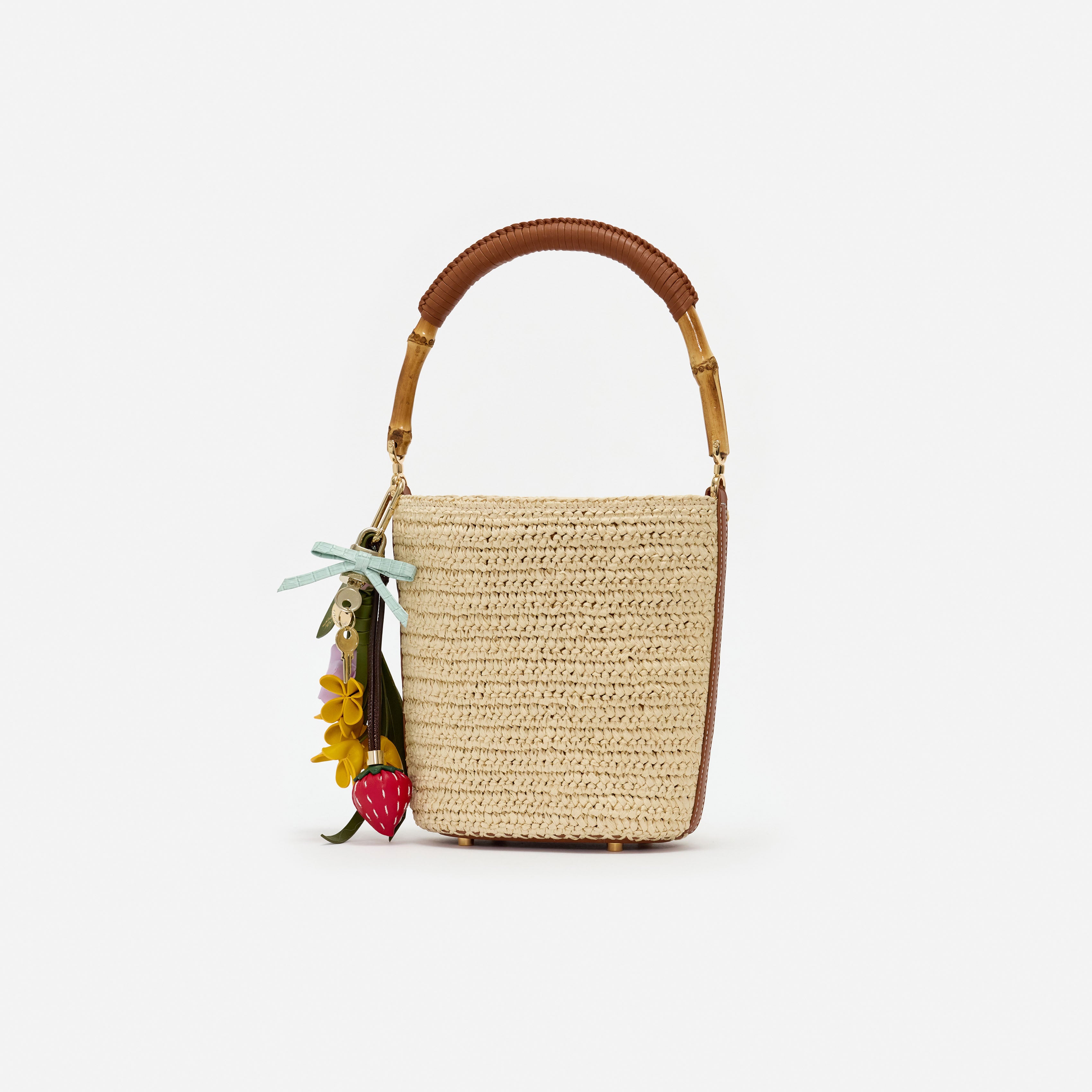 Self Portrait Raffia Charm Bucket Bag Beige Henkeltasche