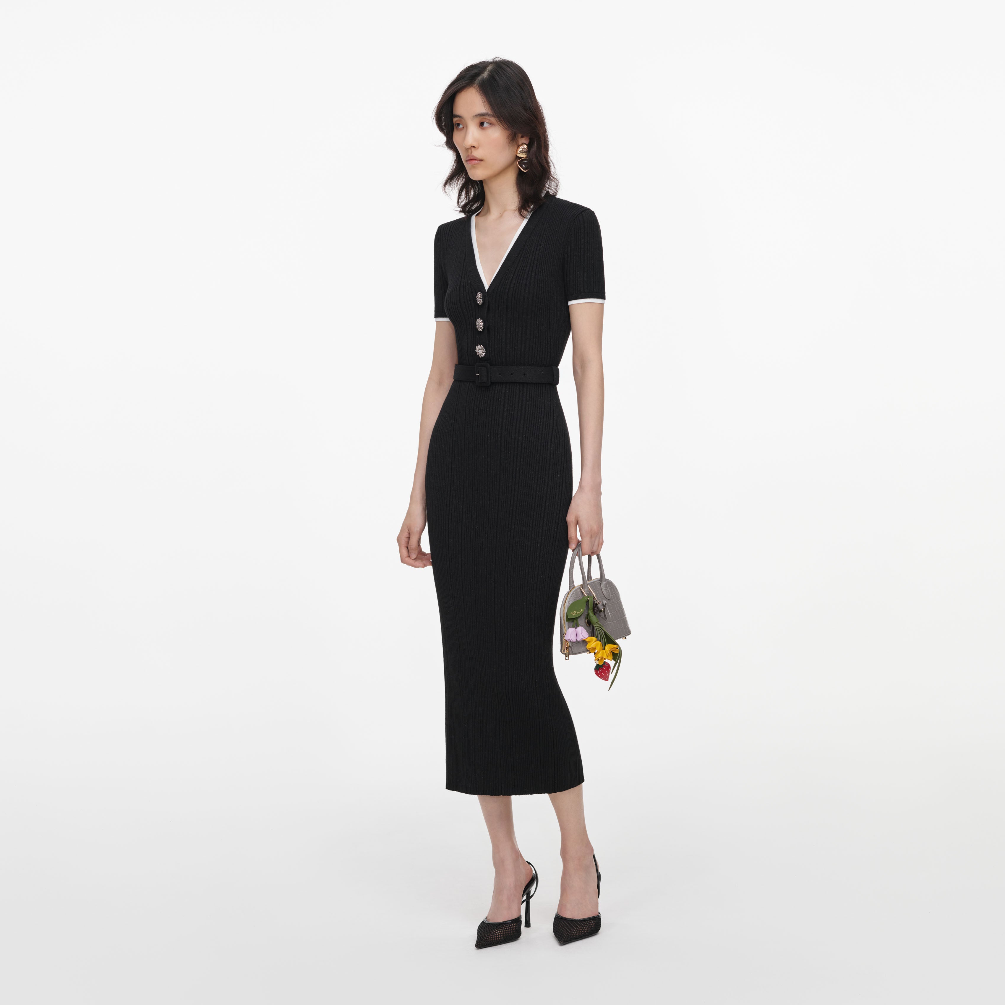 Self Portrait Black Rib Knit Midi Dress Kleid Schwarz Strick