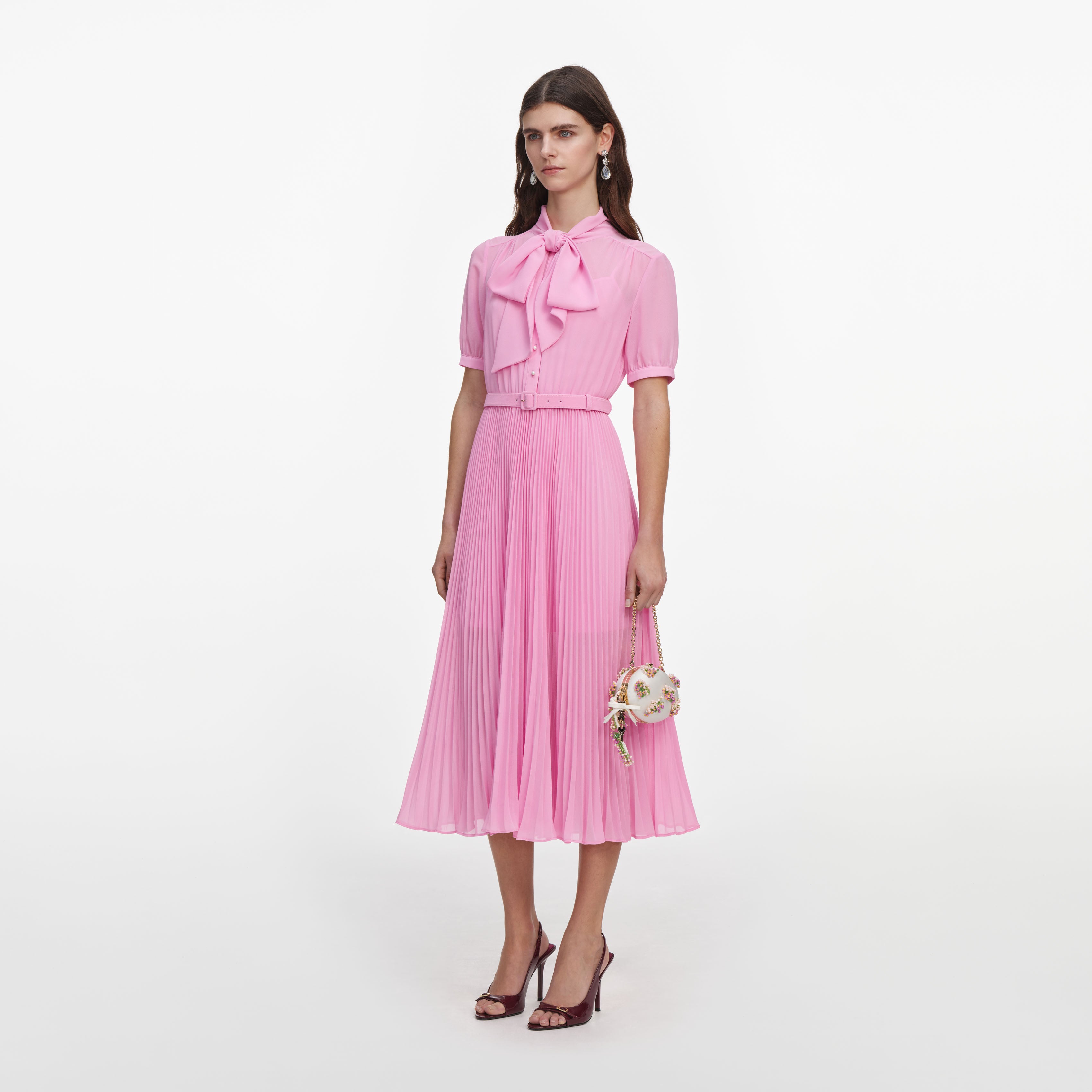 Self Portrait Pink Georgette Tie Neck Midi Kleid Rosa UK 6