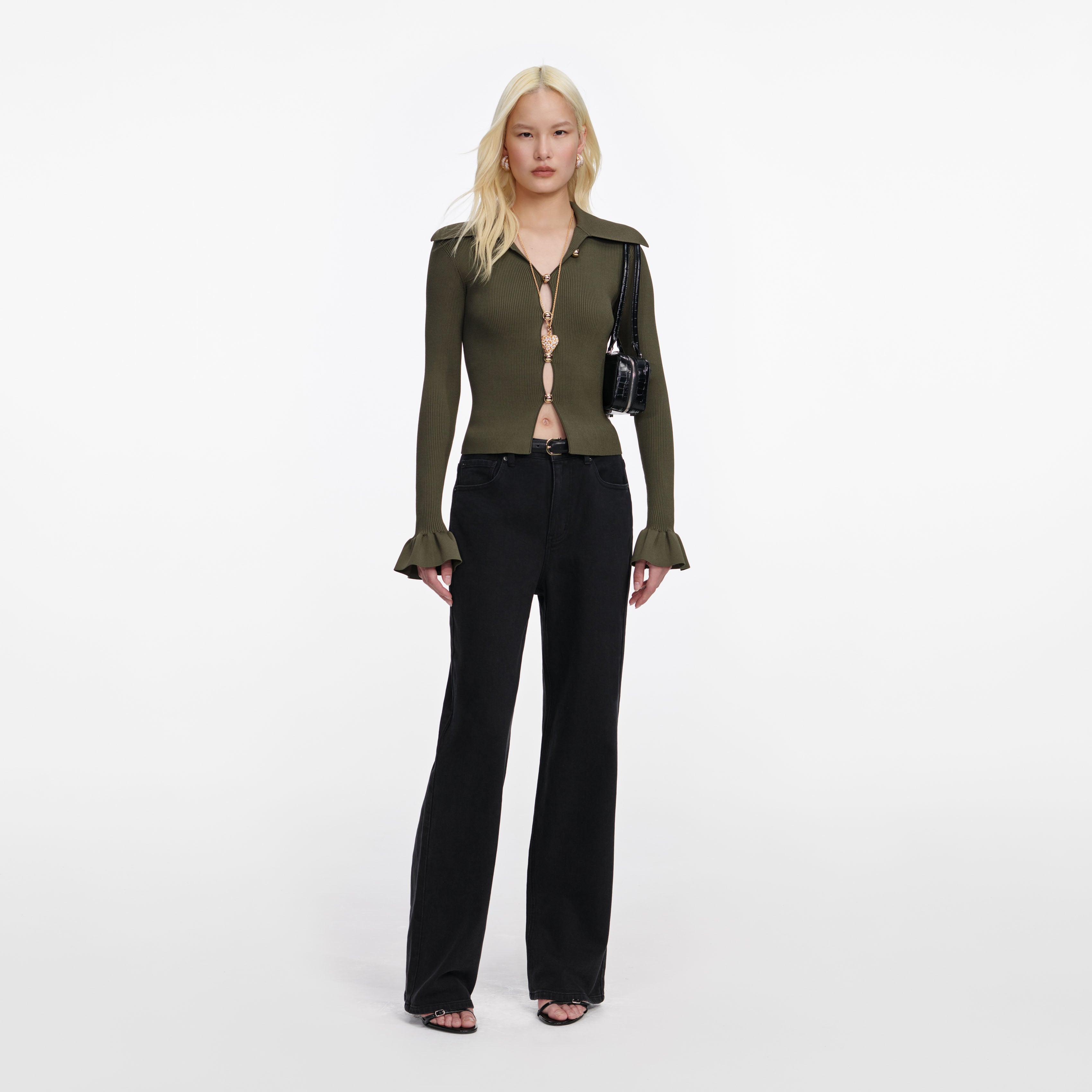 Self Portrait Knitwear Khaki Button Top Stricktop Goldknöpfe XS-L