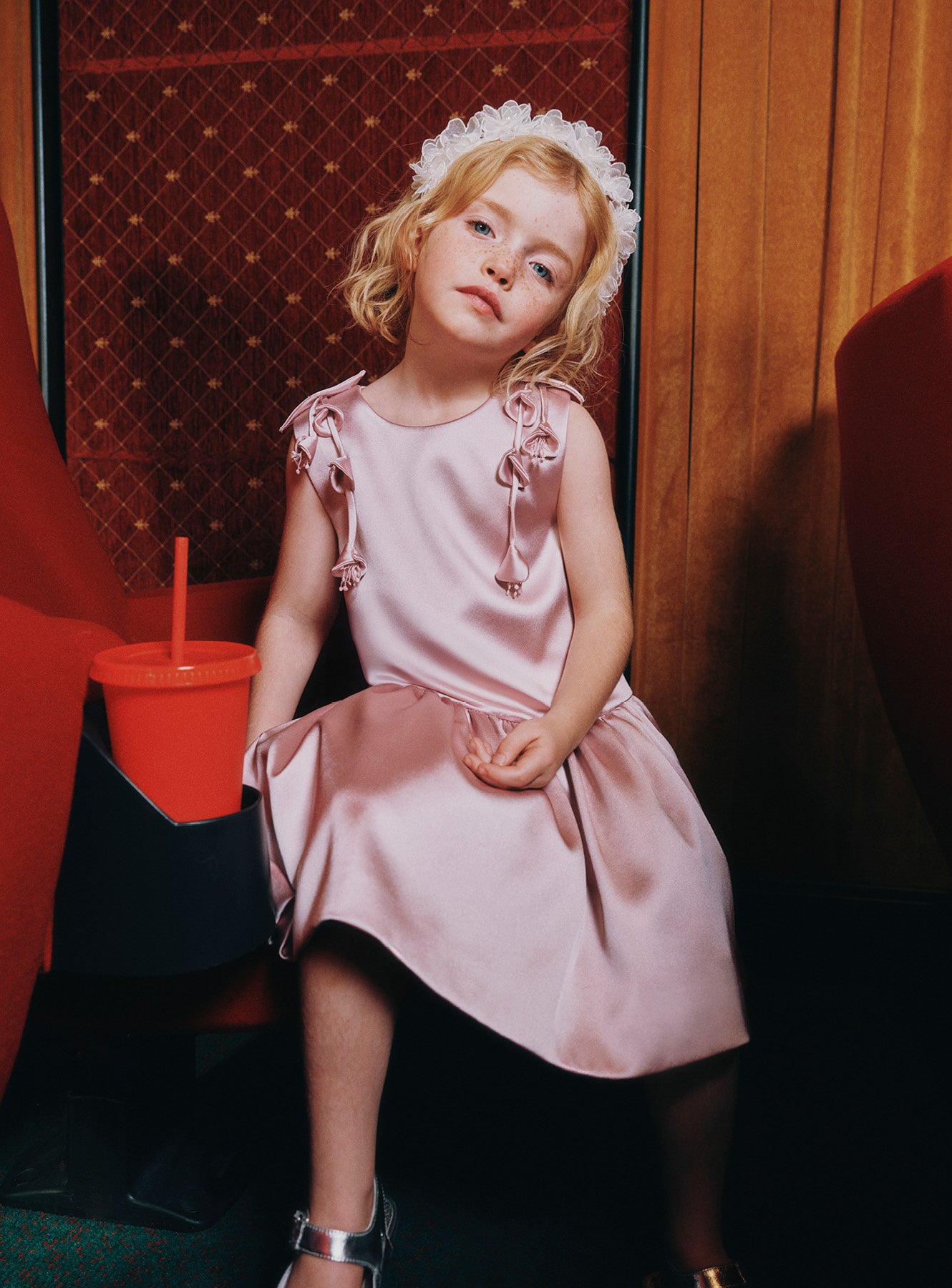 Self Portrait Pink Satin Flower Kinder Kleid 3/4 Rosa