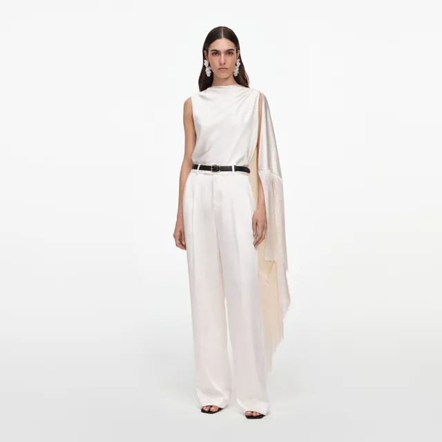 Self Portrait Tops Cream Satin Fringed Scarf Top Creme