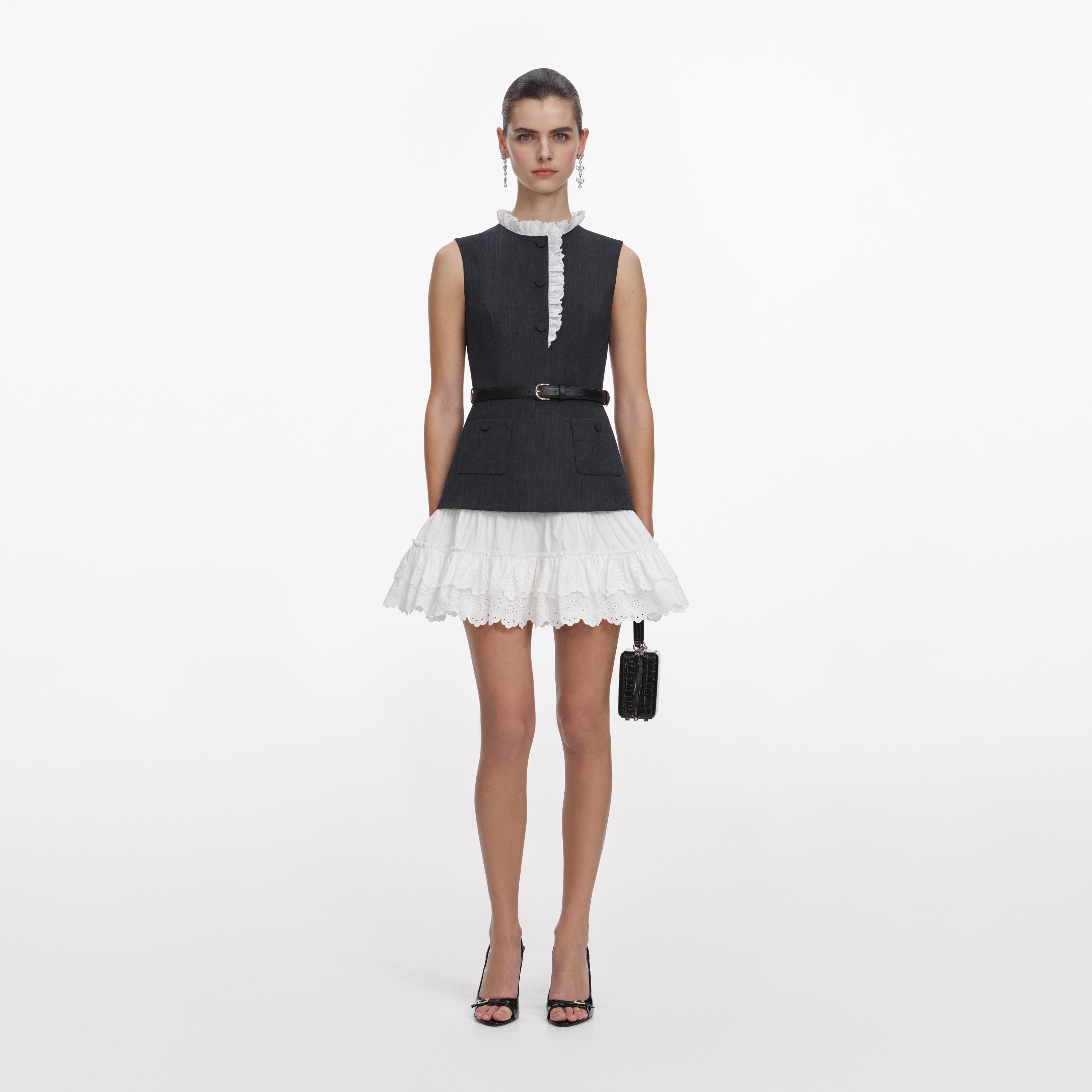 Self Portrait Grey Tailored Frill Minikleid Grau Wolle