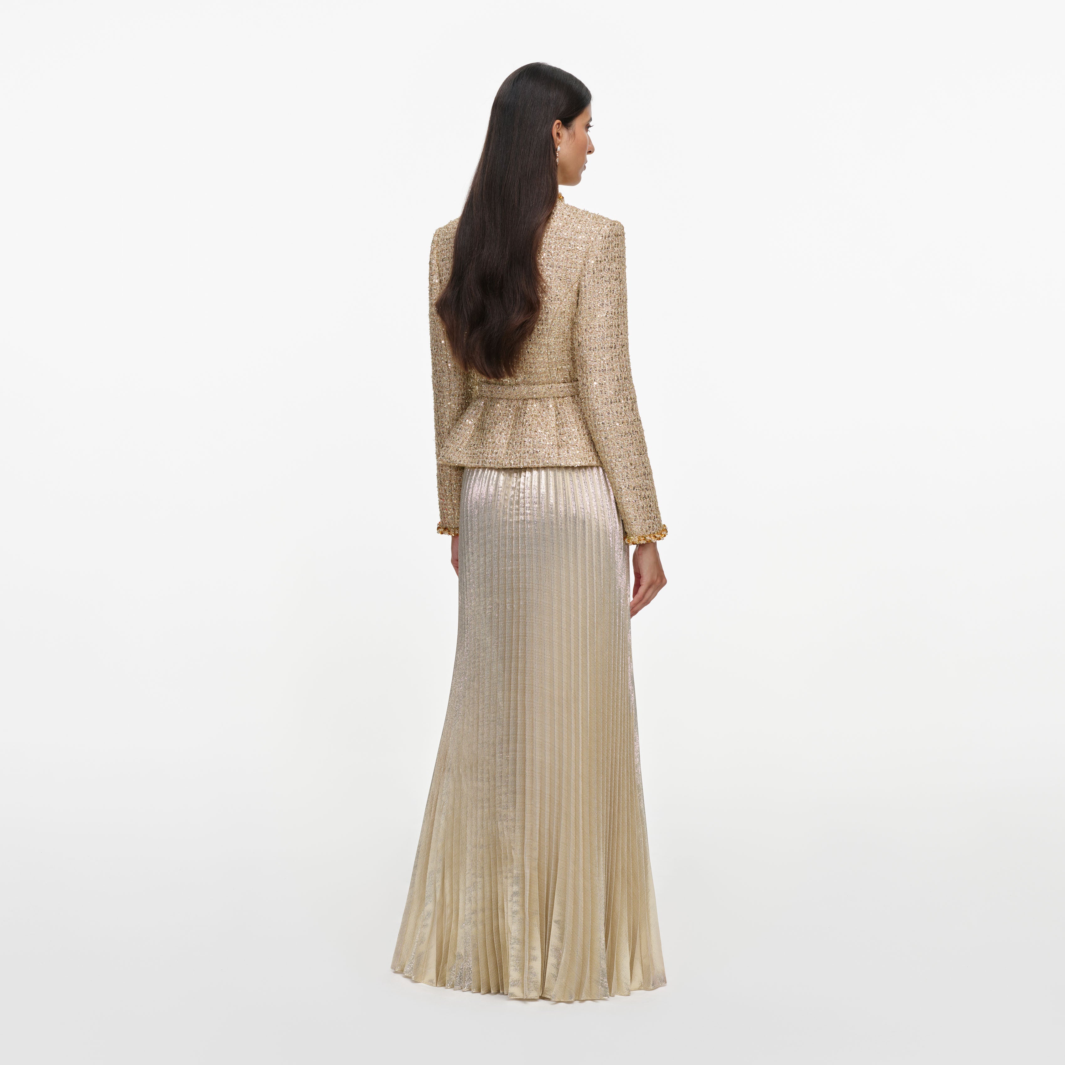Self Portrait Boucle Maxikleid Gold Plissiert 2-in-1