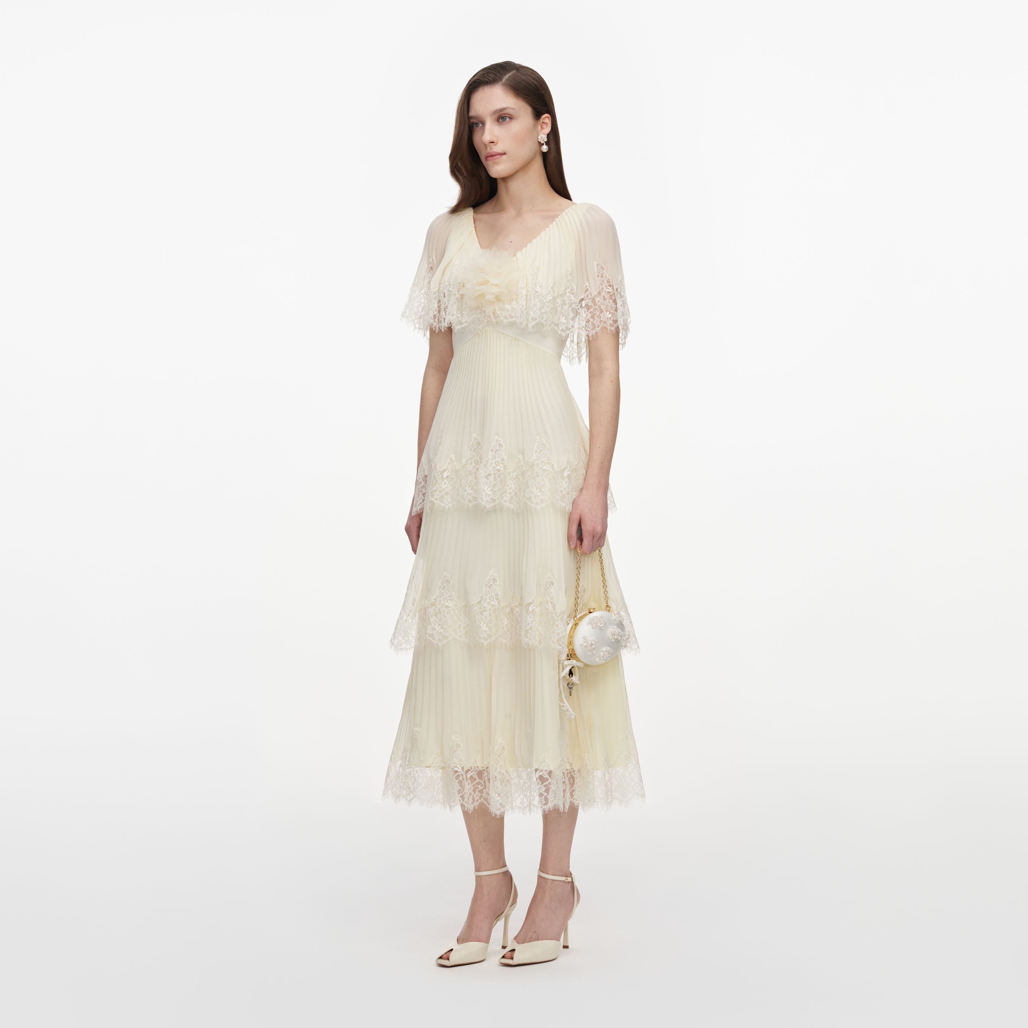 Self Portrait Chiffon Tiered Midi Kleid Gelb mit Spitze