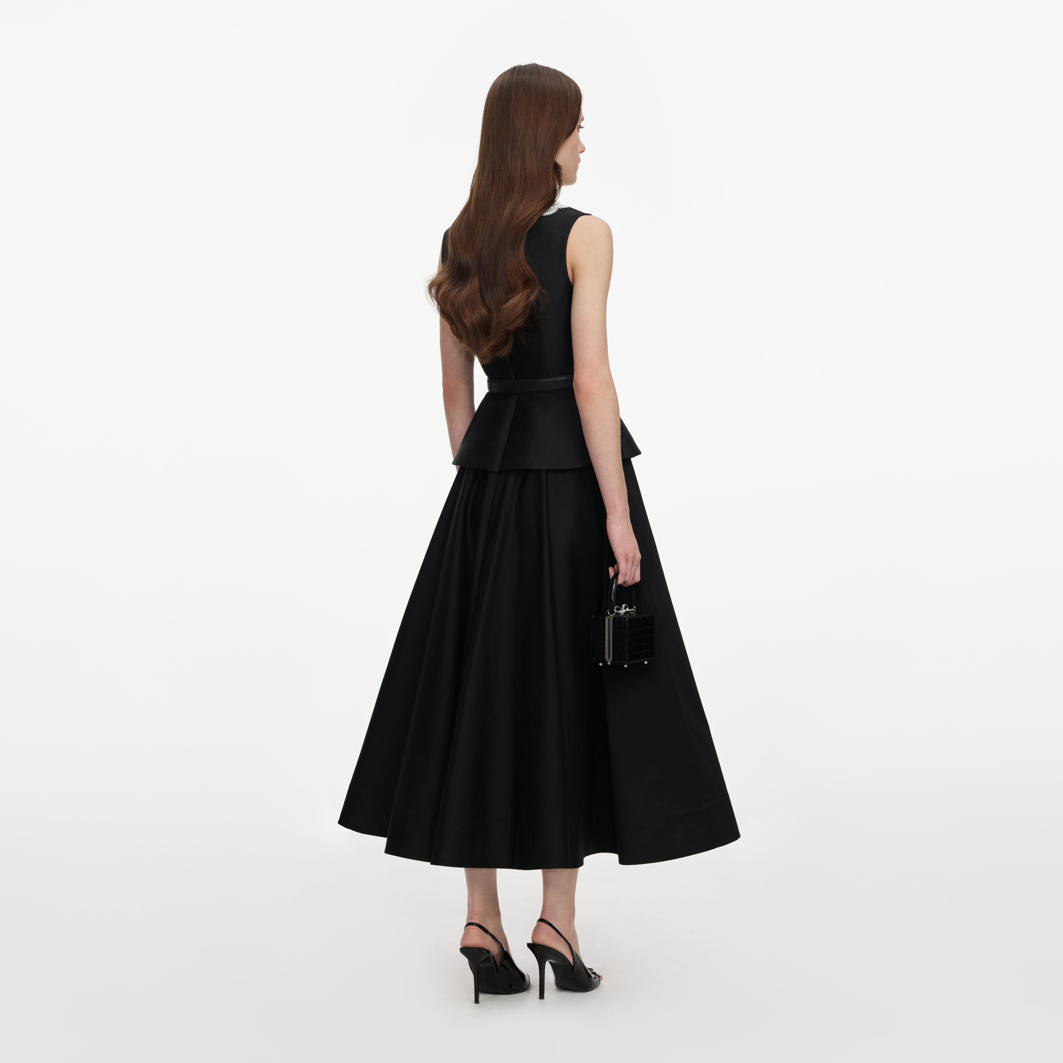 Self Portrait Black Taffeta Peplum Midi Kleid UK 8 Schwarz