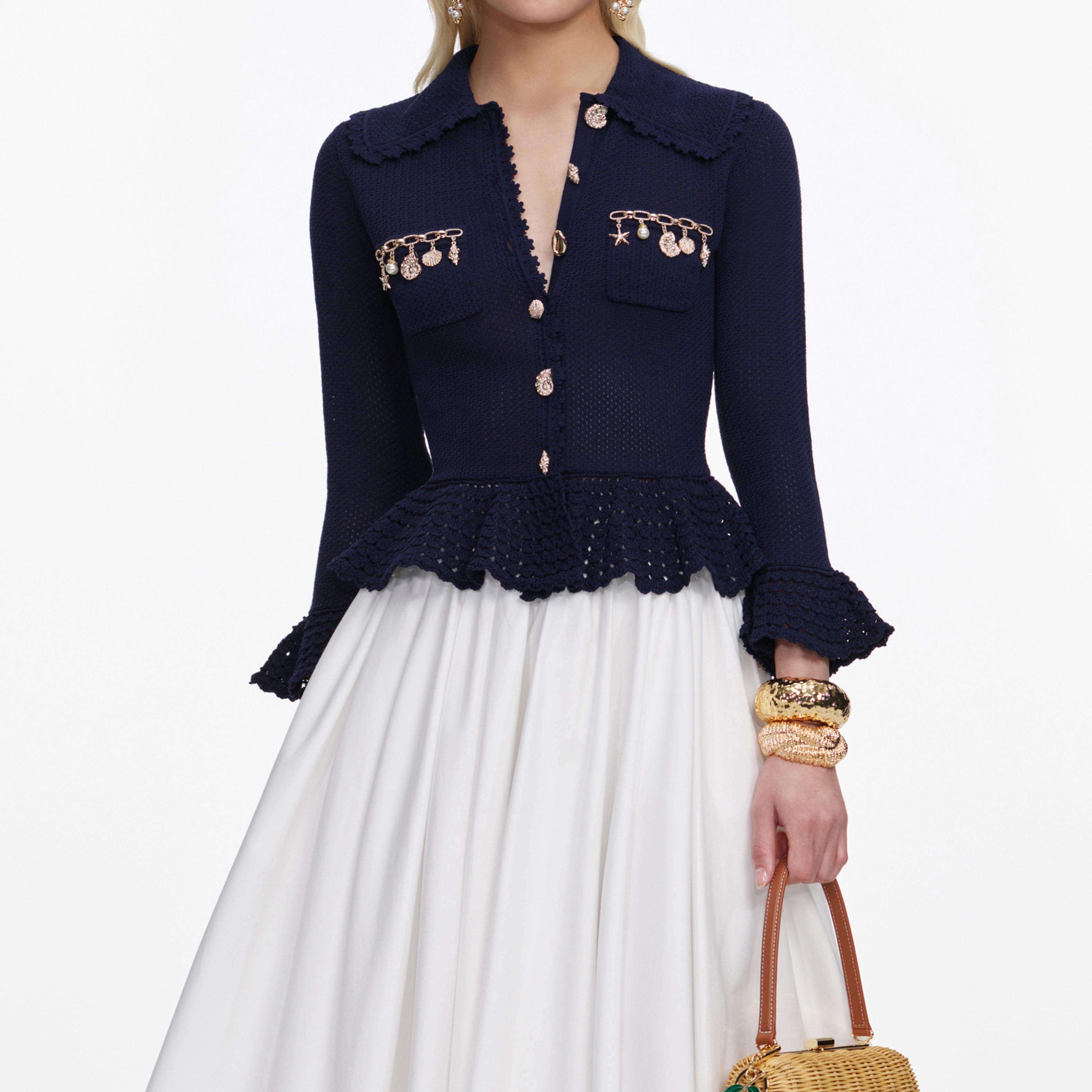 Self Portrait Navy Shell Embellished Cardigan Marine
