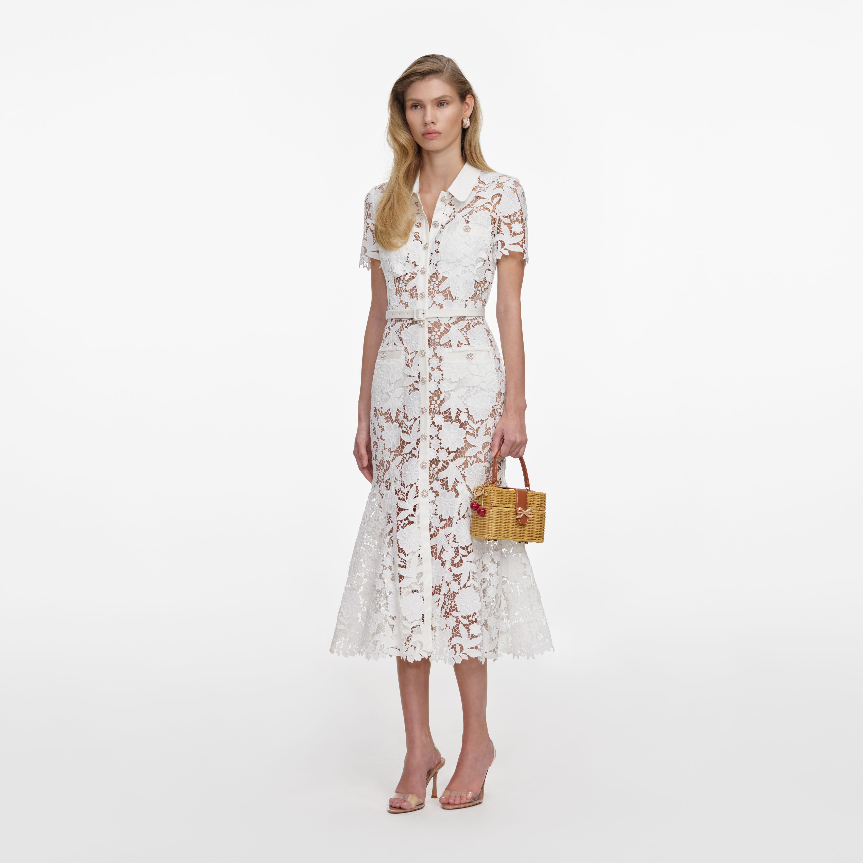 Self Portrait White Lace Collared Midi Dress Spitze Weiß