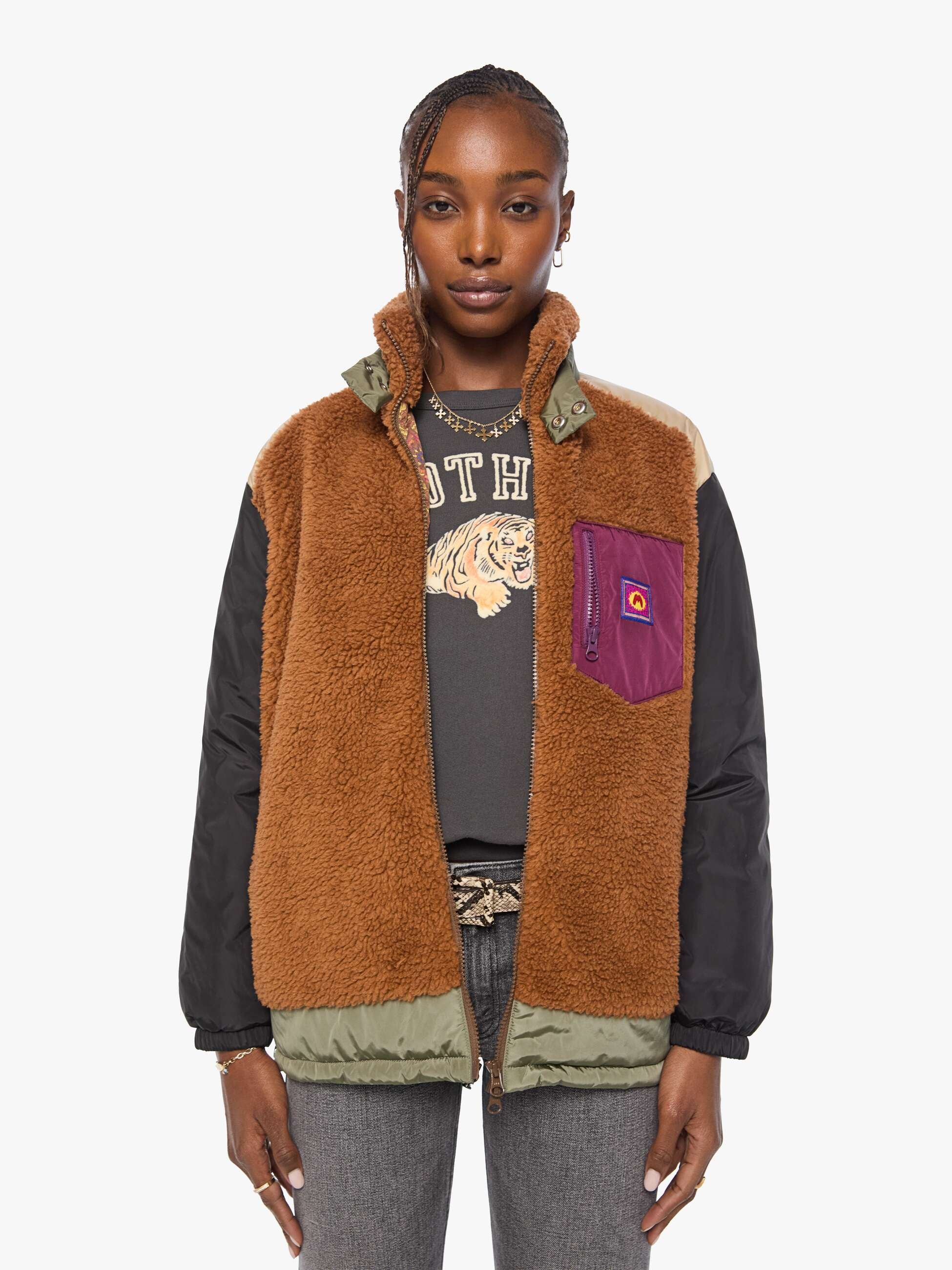 Mother The Teddy Zip Teddyjacke Braun Oversize Faux-Sherpa