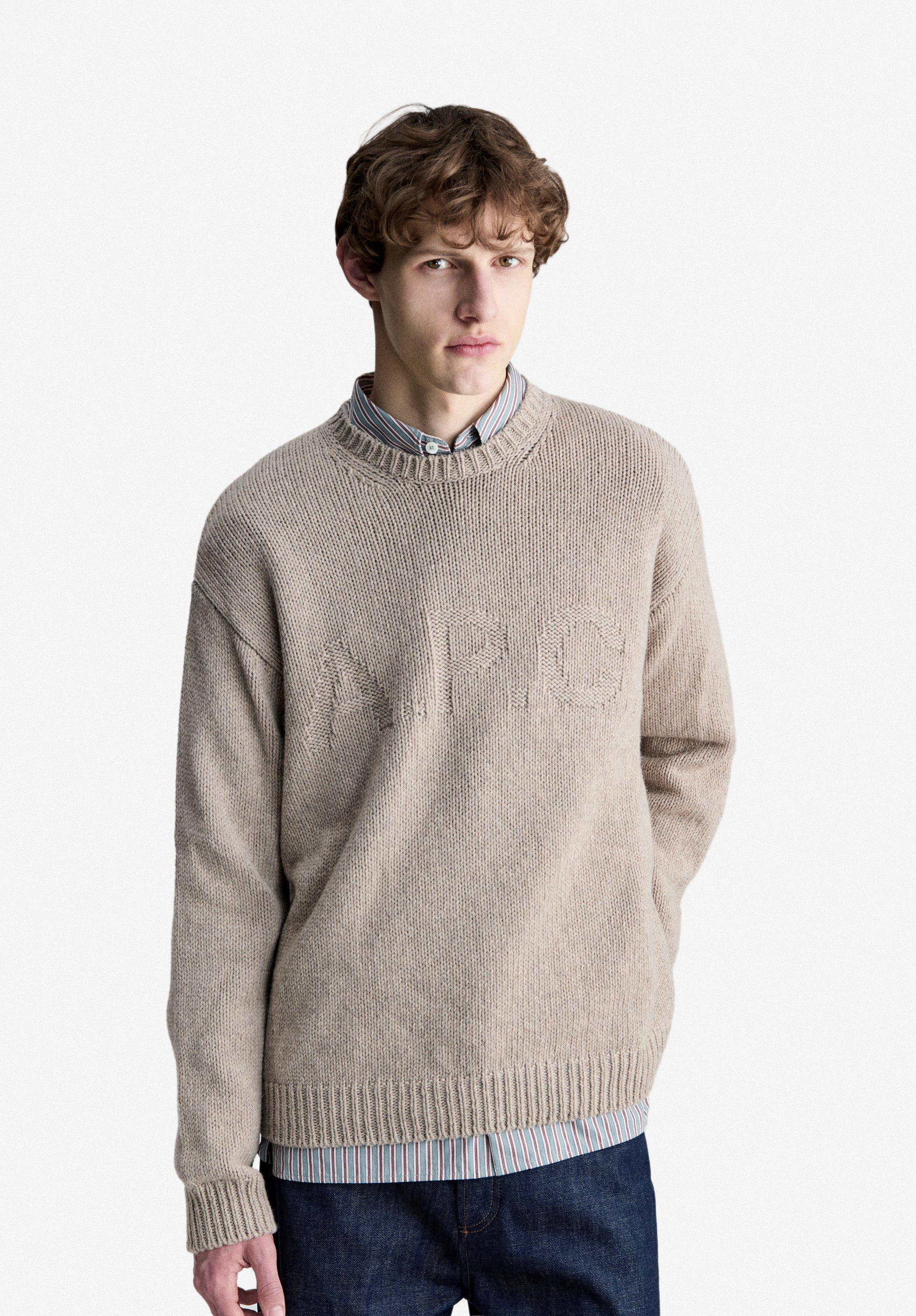 A.P.C. Pullover Taupe Wolle M mit Logo recycelt
