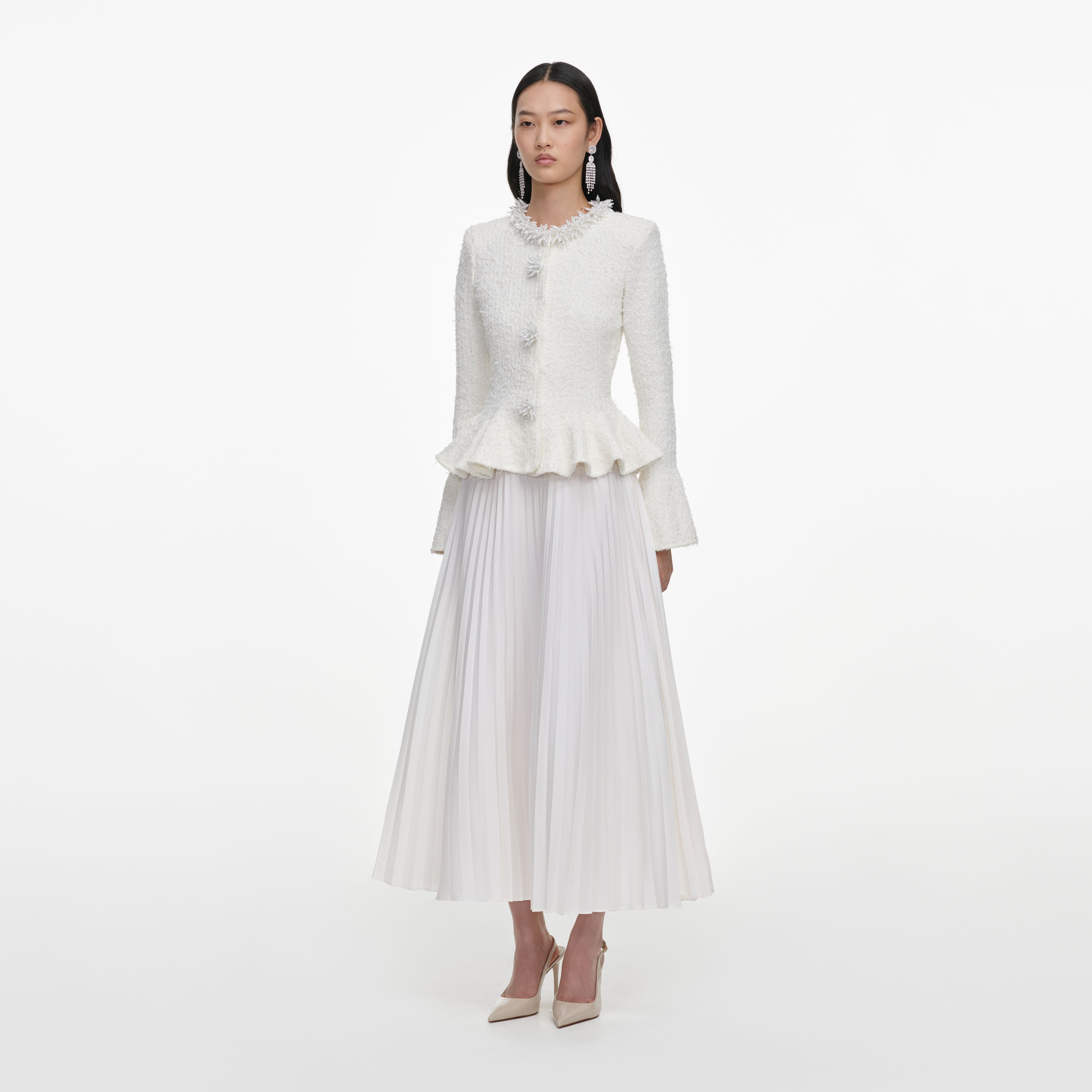Self Portrait White Textured Knit Chiffon Midi Kleid Weiß