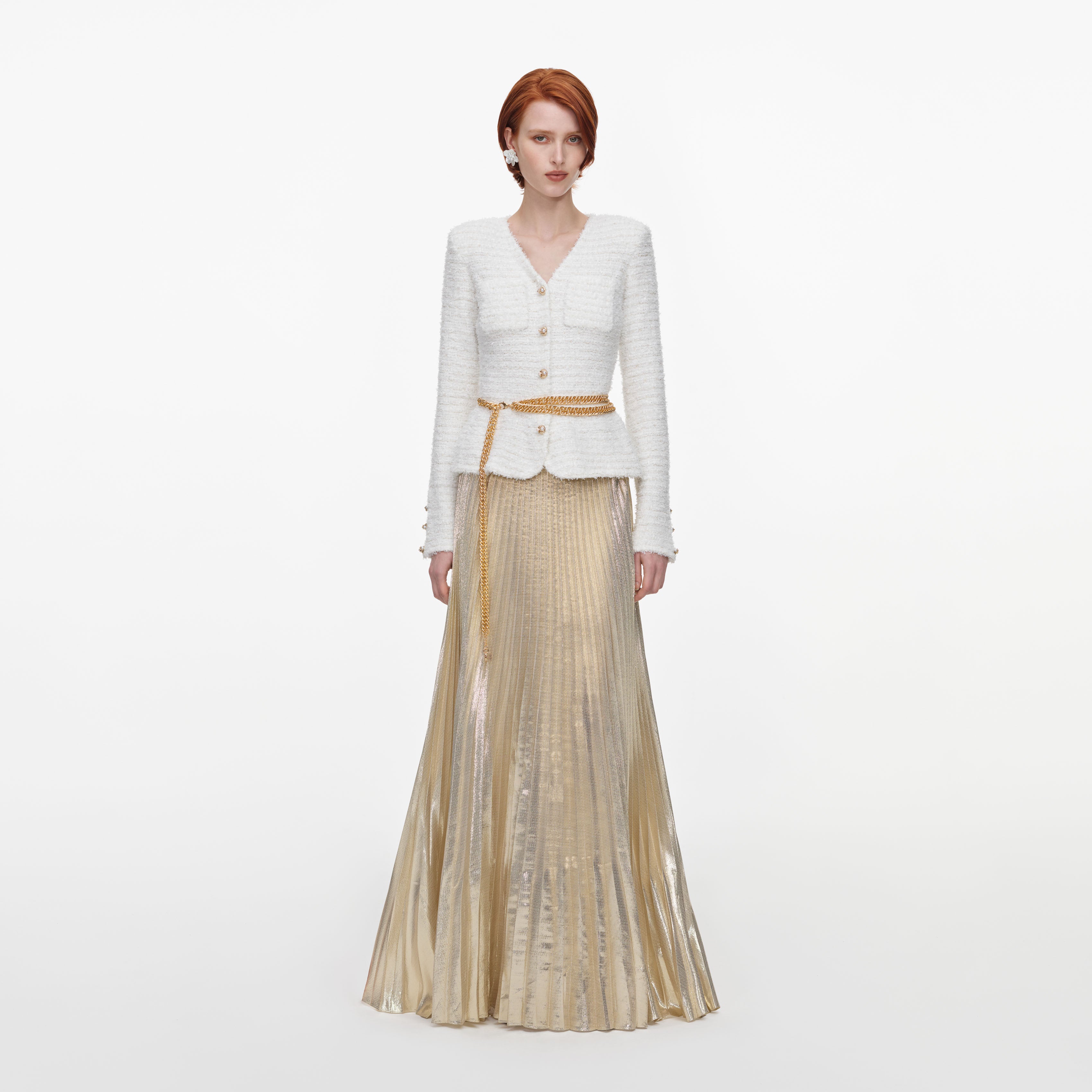 Self Portrait Cream Gold Maxikleid Creme Chiffon Strick