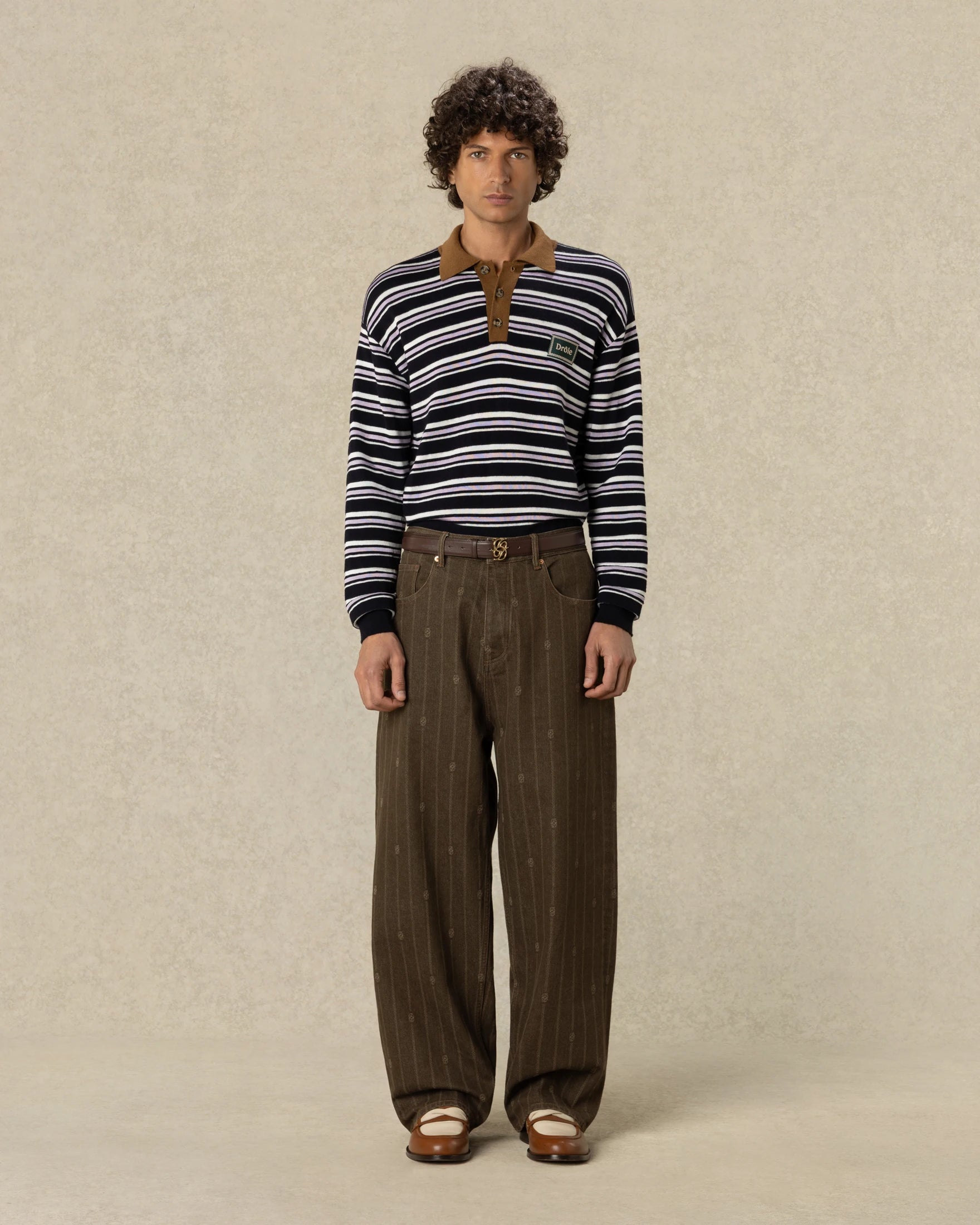 Drôle de Monsieur Striped Knit Polo Navy Merinowolle