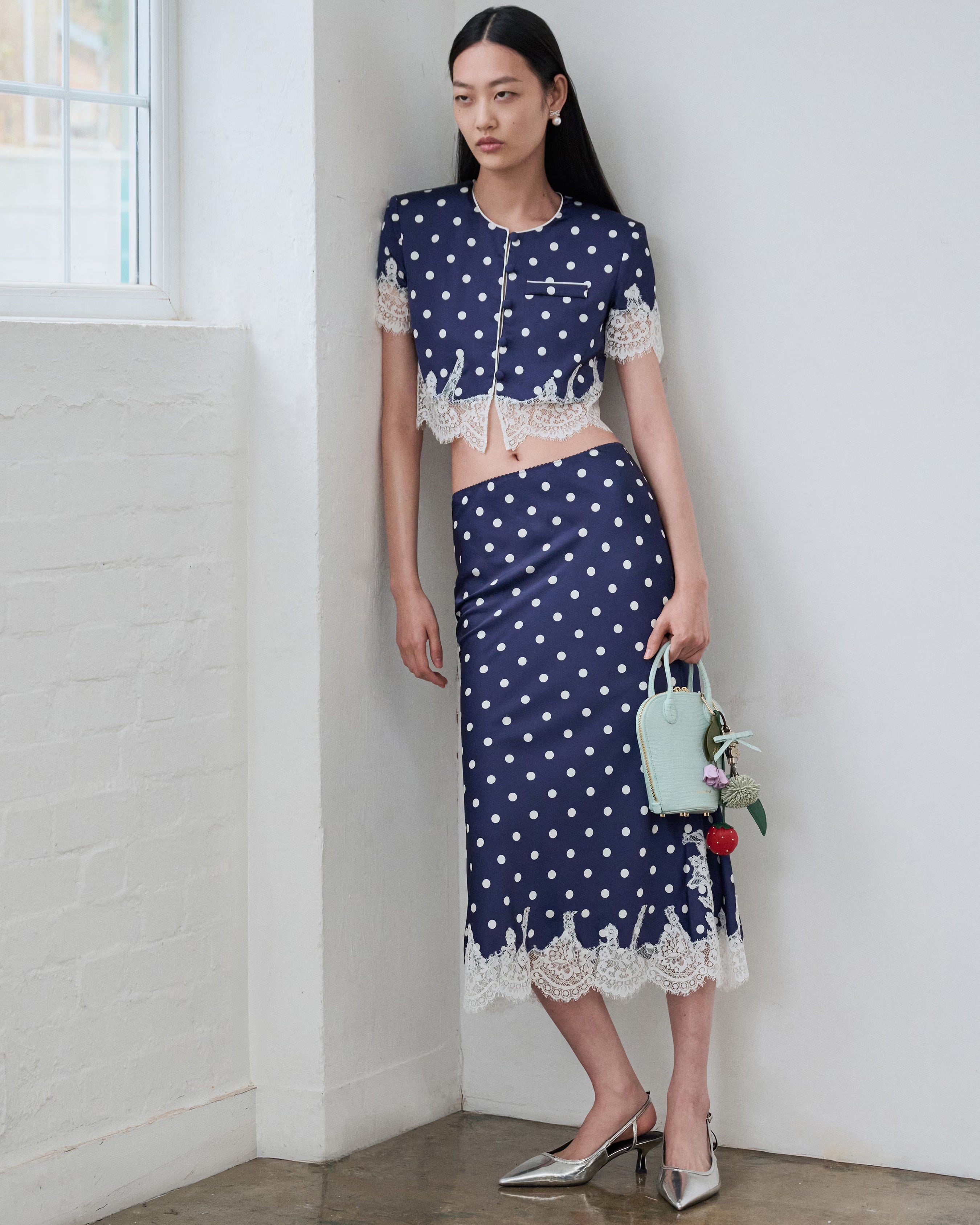 Self Portrait Navy Polka Dot Satin Midirock Navy