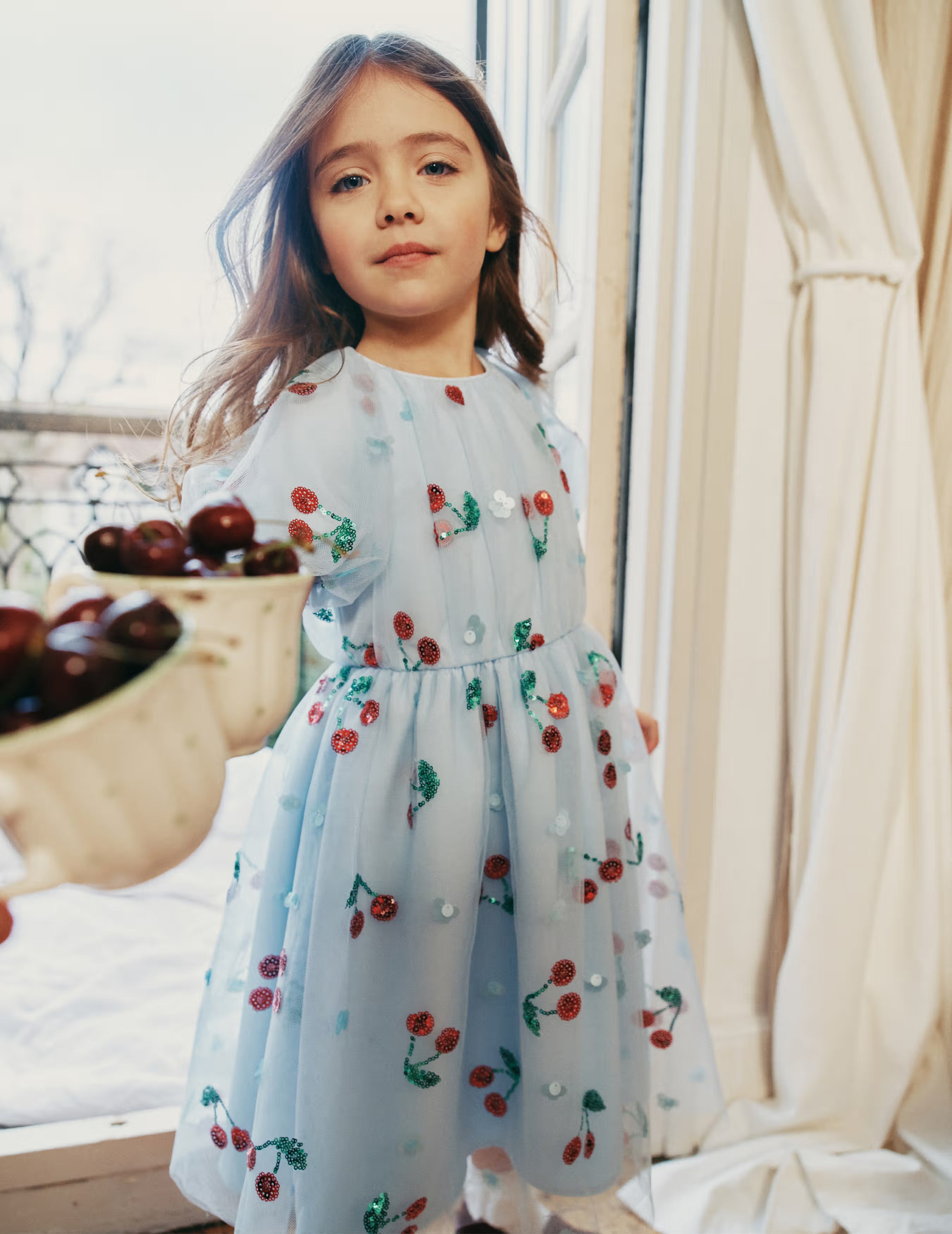 Self Portrait Kinder Midikleid Blau Cherry Pailletten Tüll