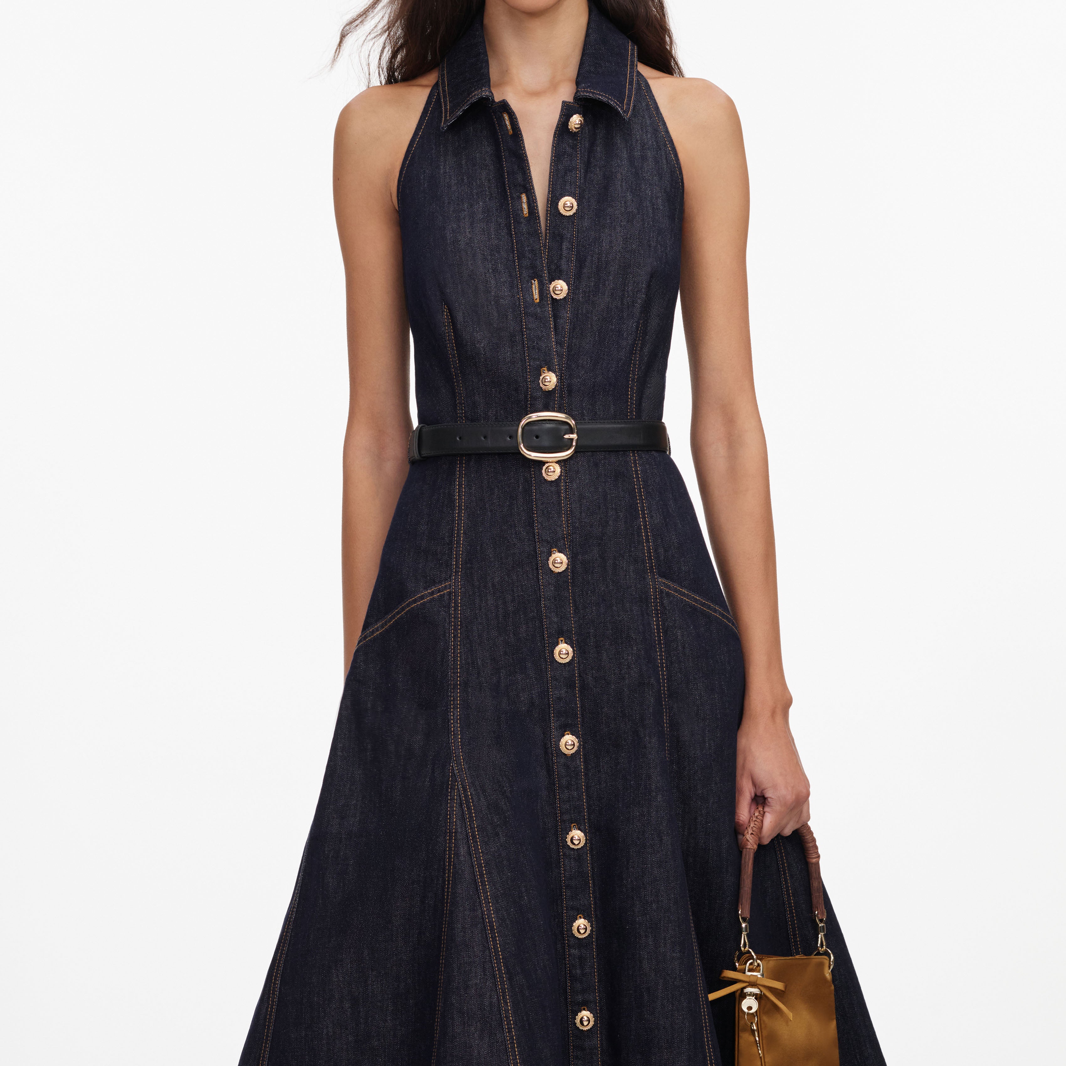 Self Portrait Denim Indigo Halterneck Midikleid UK 6 rückenfrei