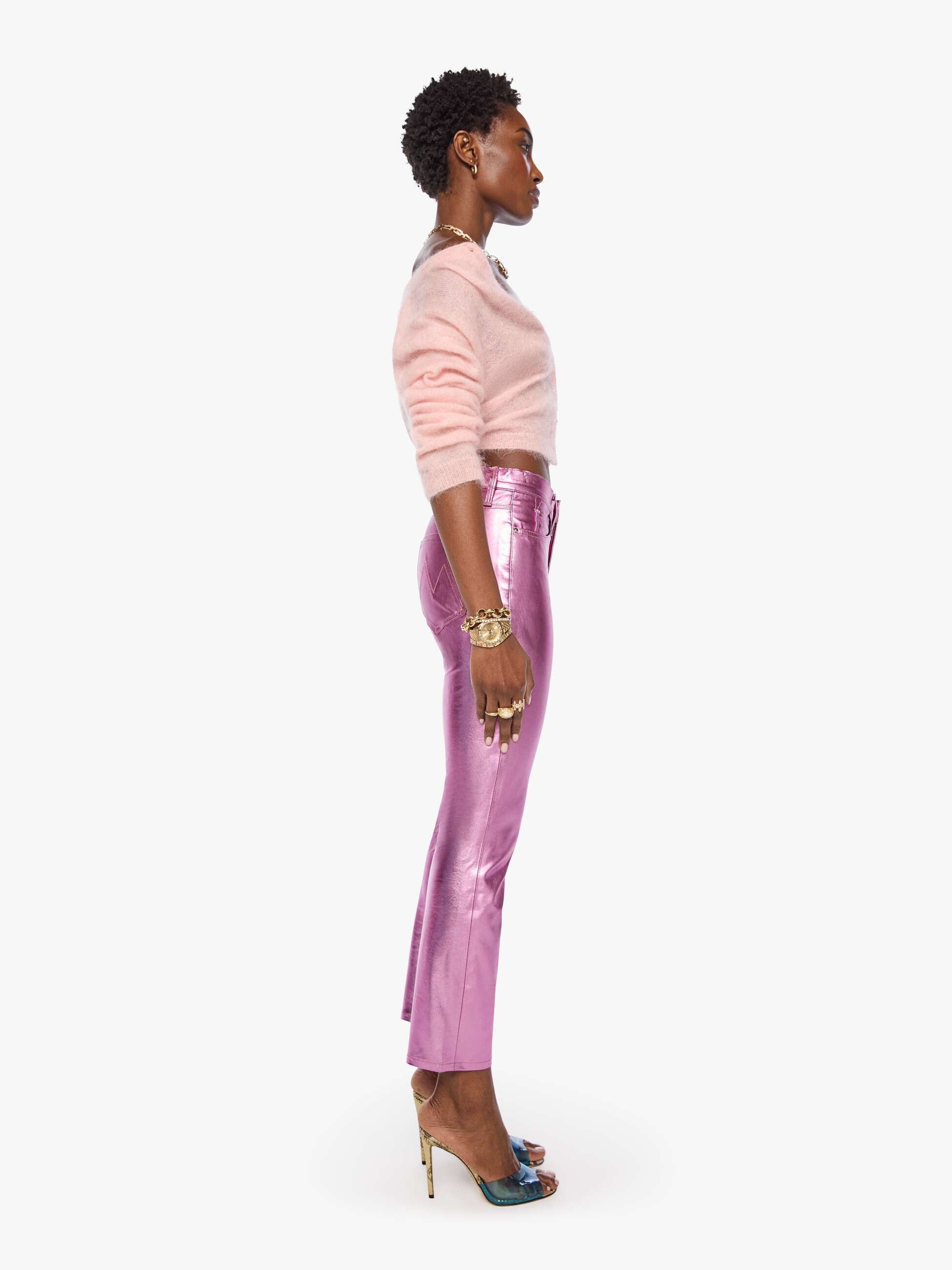 Mother The Mid Rise Dazzler Flood Jeans Hoop Earrings Pink