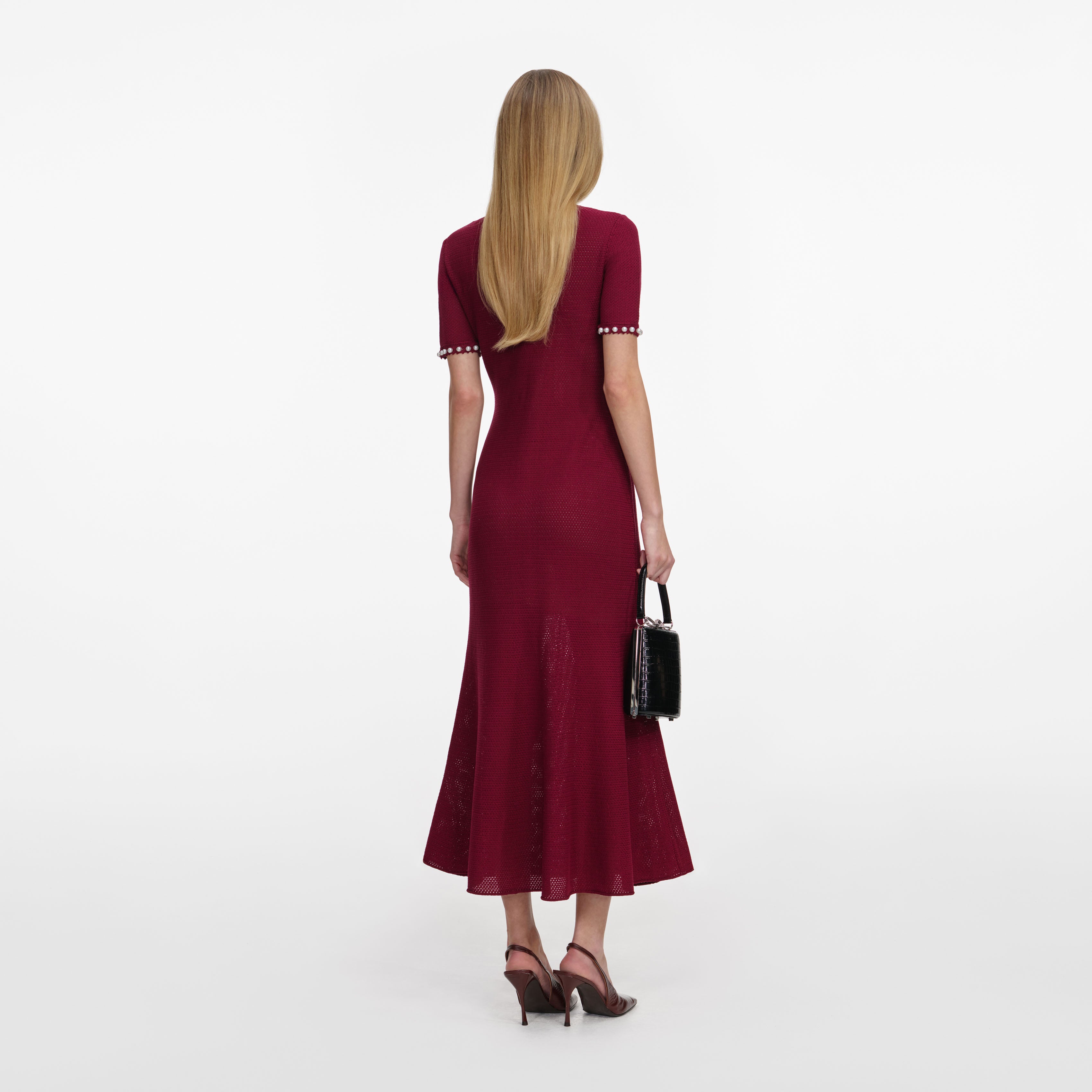 Self Portrait Burgundy Pearl Knit Midi Kleid Bordeaux
