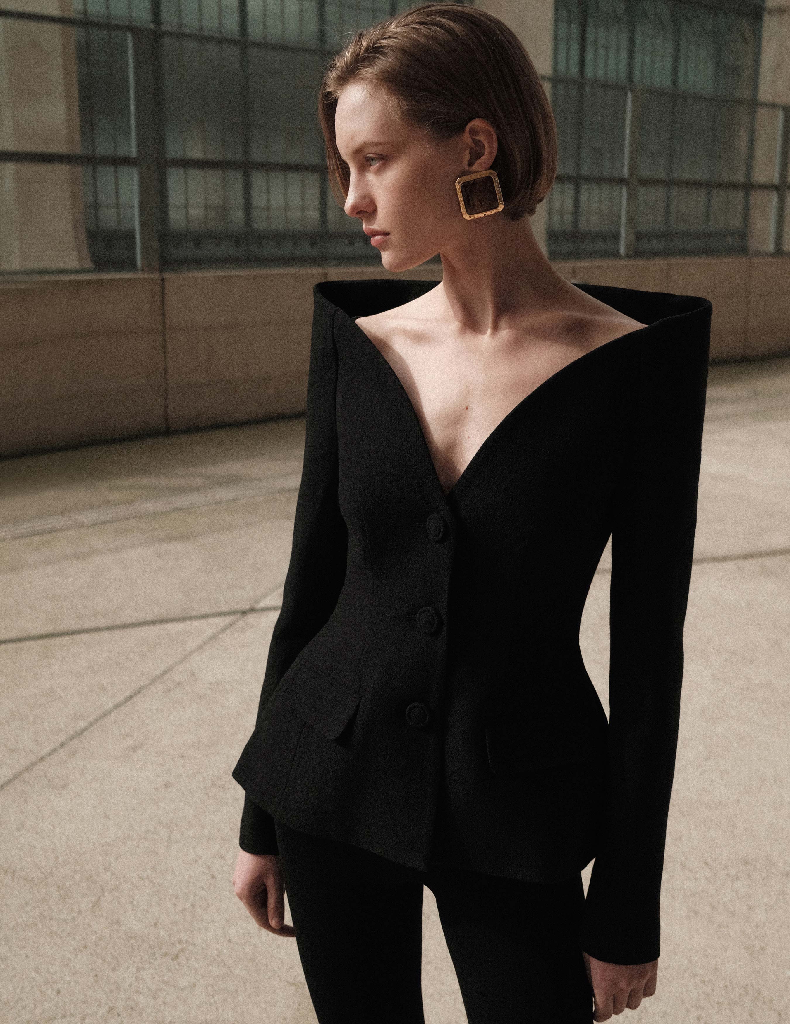 Self Portrait Jacket Schwarz Woll-Crepe Off-Shoulder Peplum