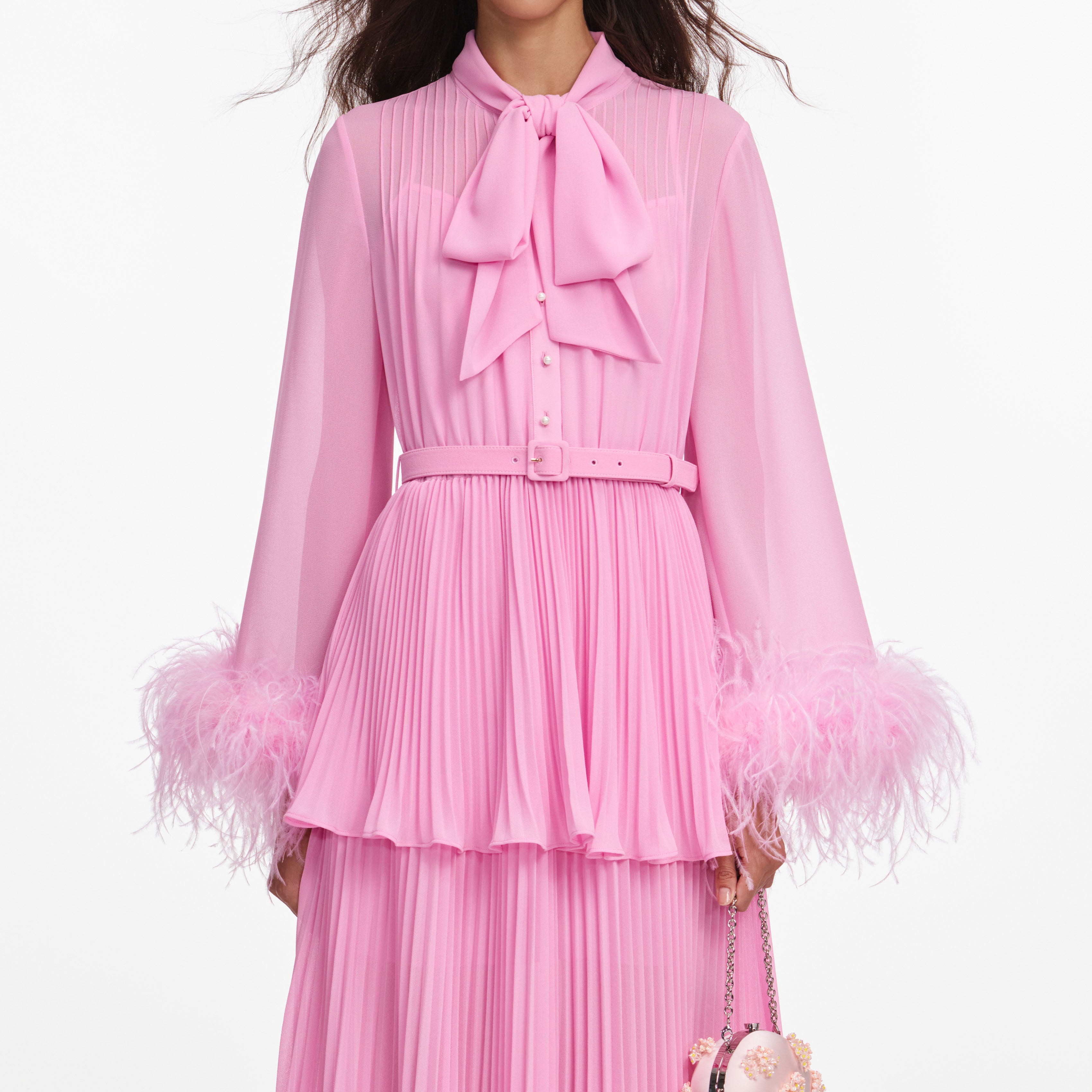 Self Portrait Pink Georgette Feather Maxikleid Pink Feder