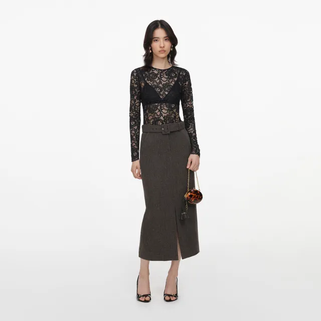 Self Portrait Brown Wool Midi Rock mit Schlitz und Gürtel
