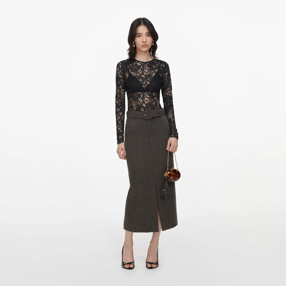 Self Portrait Brown Wool Midi Rock mit Schlitz und Gürtel