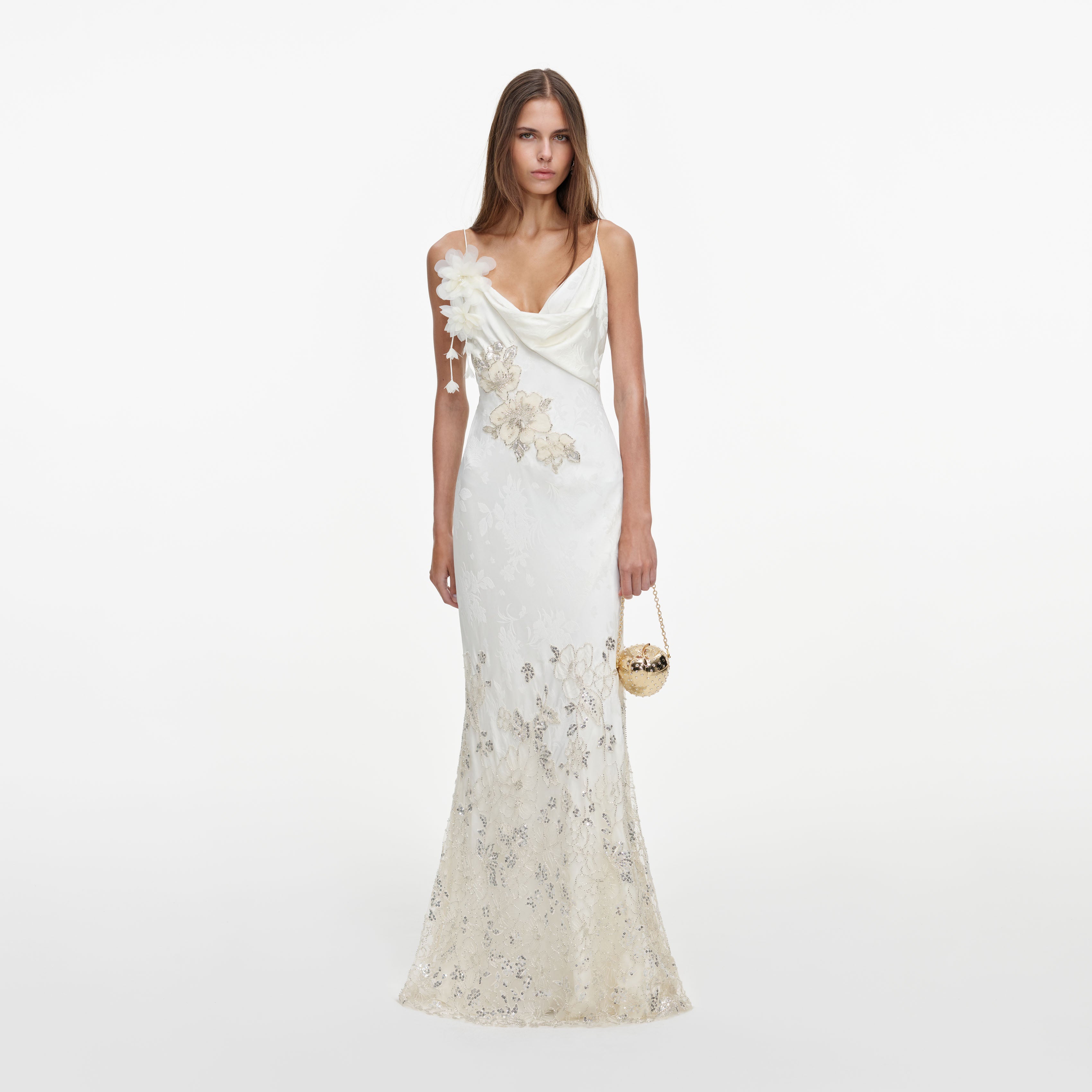 Self Portrait Cream Embellished Floral Maxi Kleid Creme