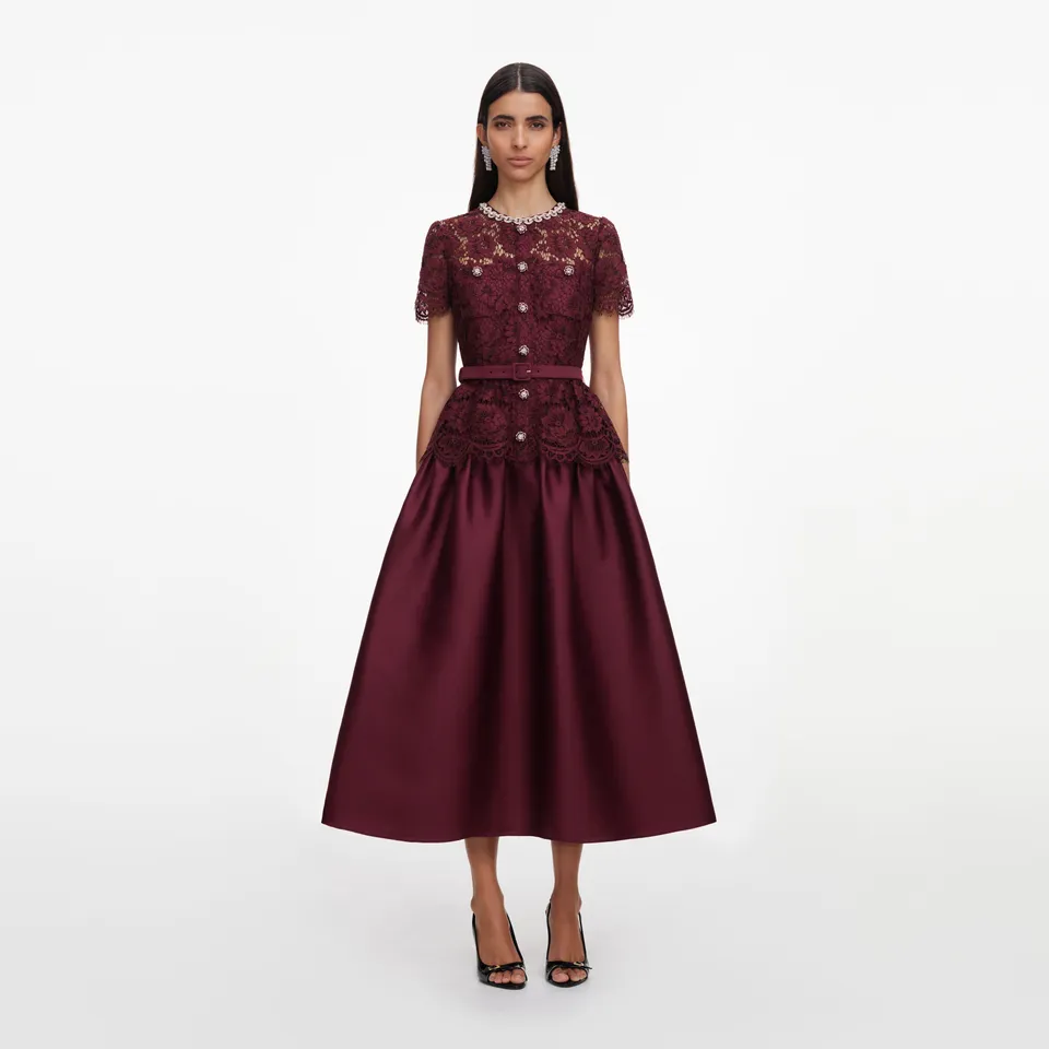 Self Portrait Burgundy Lace Taffeta Midi Kleid Bordeaux