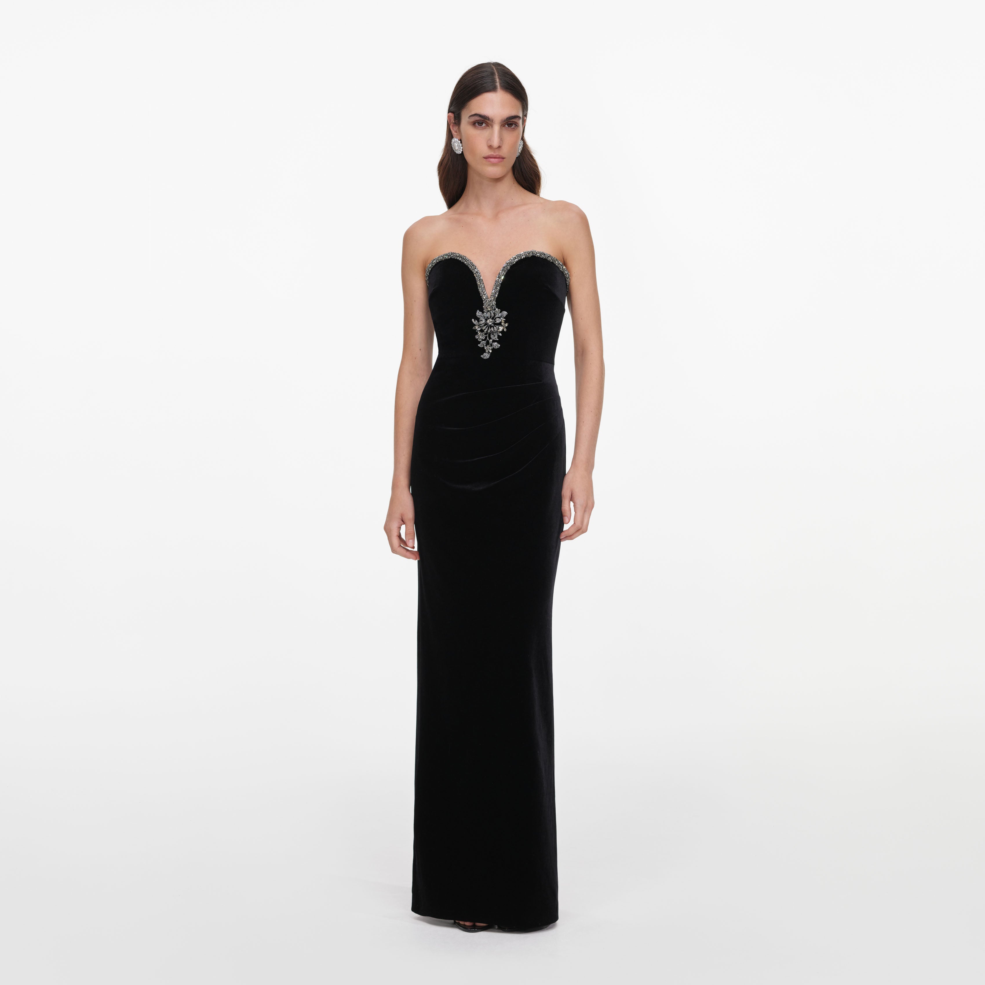 Self Portrait Black Velvet Maxi Kleid Samt Strass Schwarz