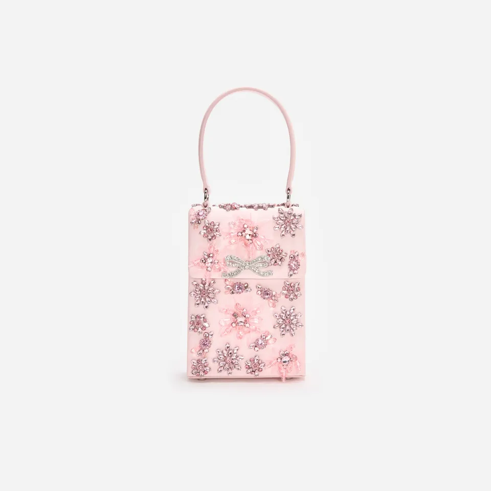Self-Portrait Pink Satin Floral Crystal Mini Tasche Pink Satin