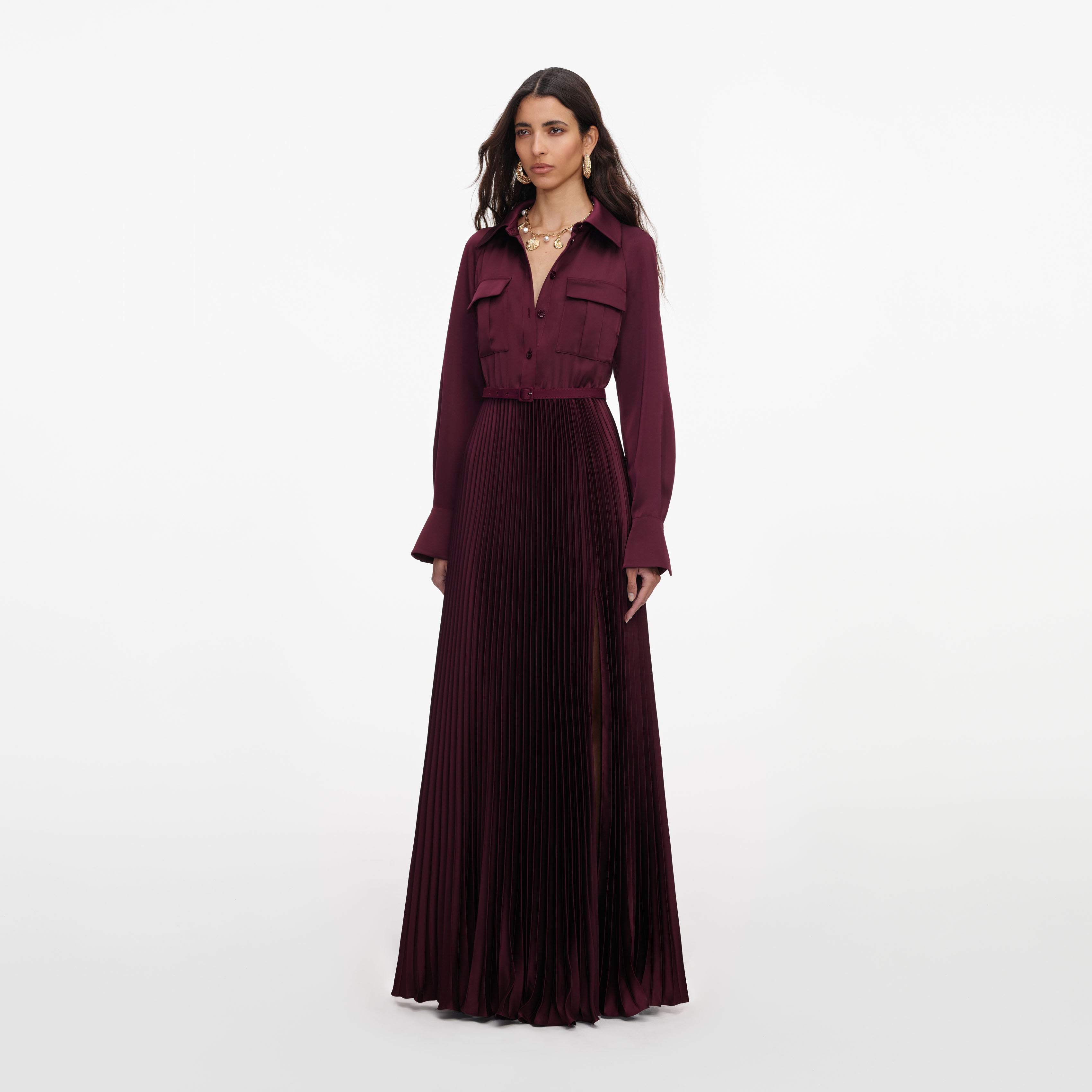 Self Portrait Plissee Maxikleid Satin Pflaume UK 8
