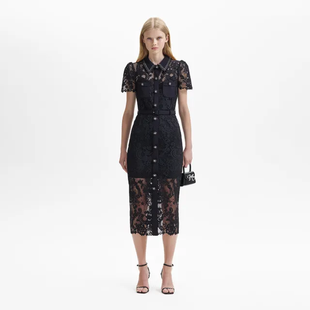 Self Portrait Lace Midi Kleid Schwarz Spitze Knöpfe