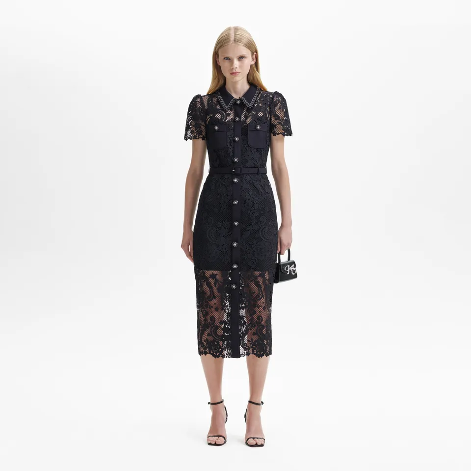 Self Portrait Lace Midi Kleid Schwarz Spitze Knöpfe