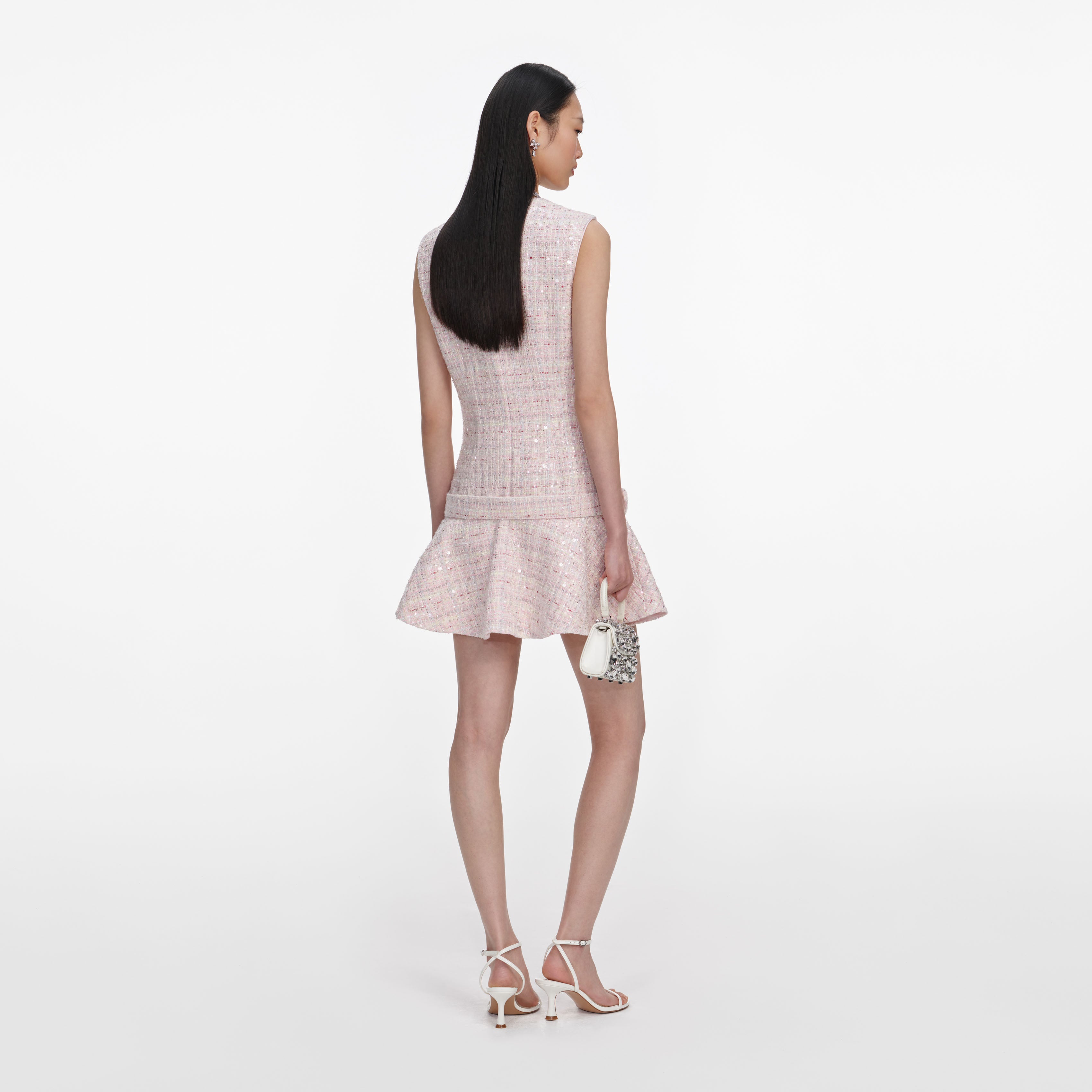 Self Portrait Pink Sequin Boucle Belted Mini Kleid Rosa
