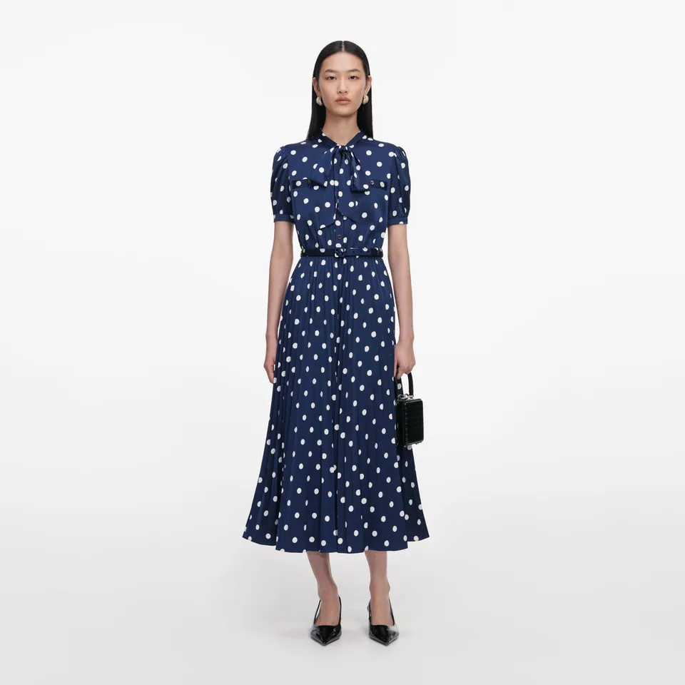 Self Portrait Navy Polka Dot Satin Midi Kleid Navy UK 8 Punkte