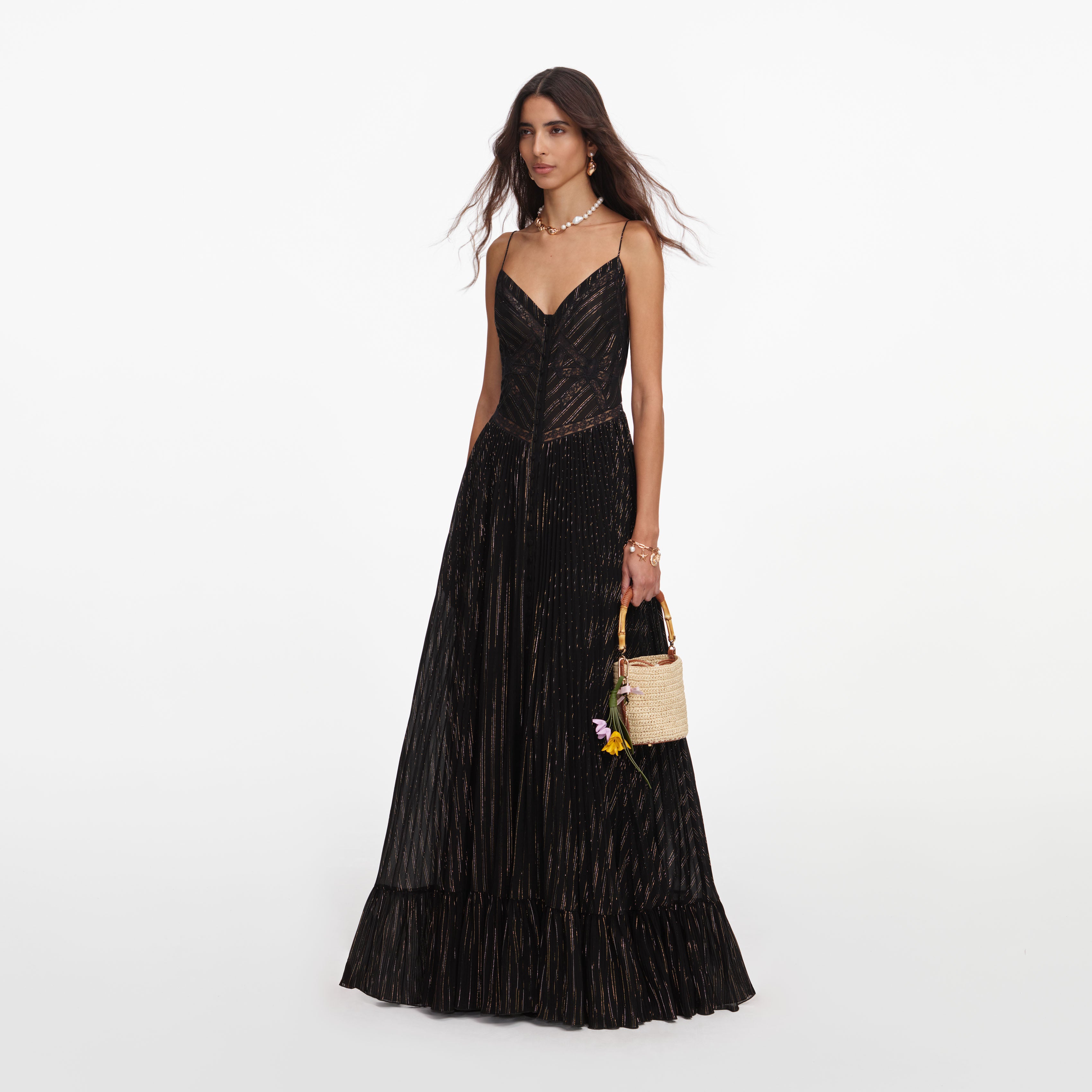 Self Portrait Lurex Stripe Pleated Maxikleid Schwarz