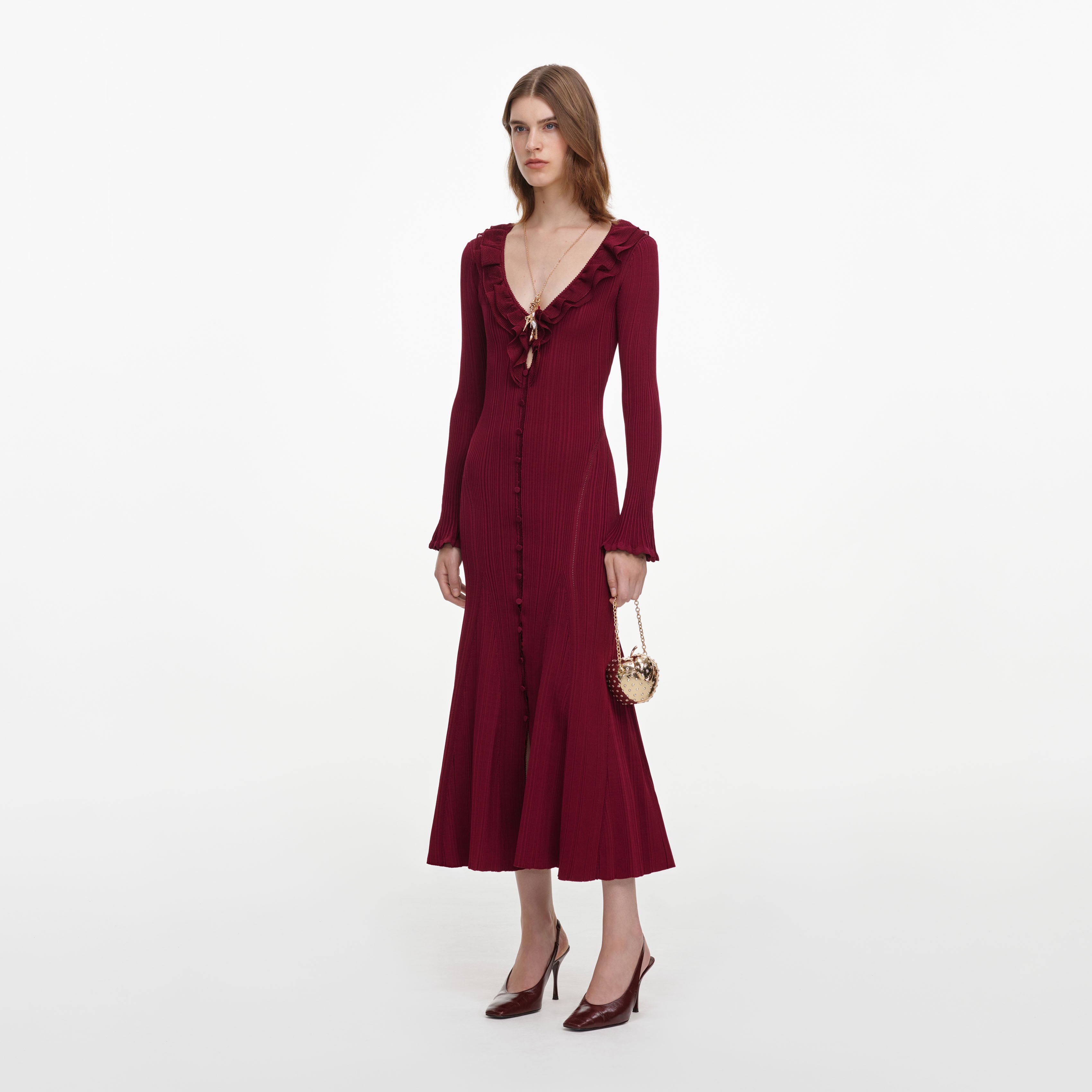 Self Portrait Burgundy Ruffle Knit Midi Dress Midikleid M