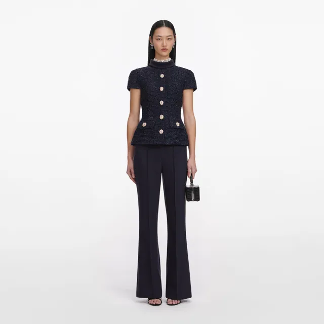 Self Portrait Navy Metallic Boucle Jumpsuit Overall Blau
