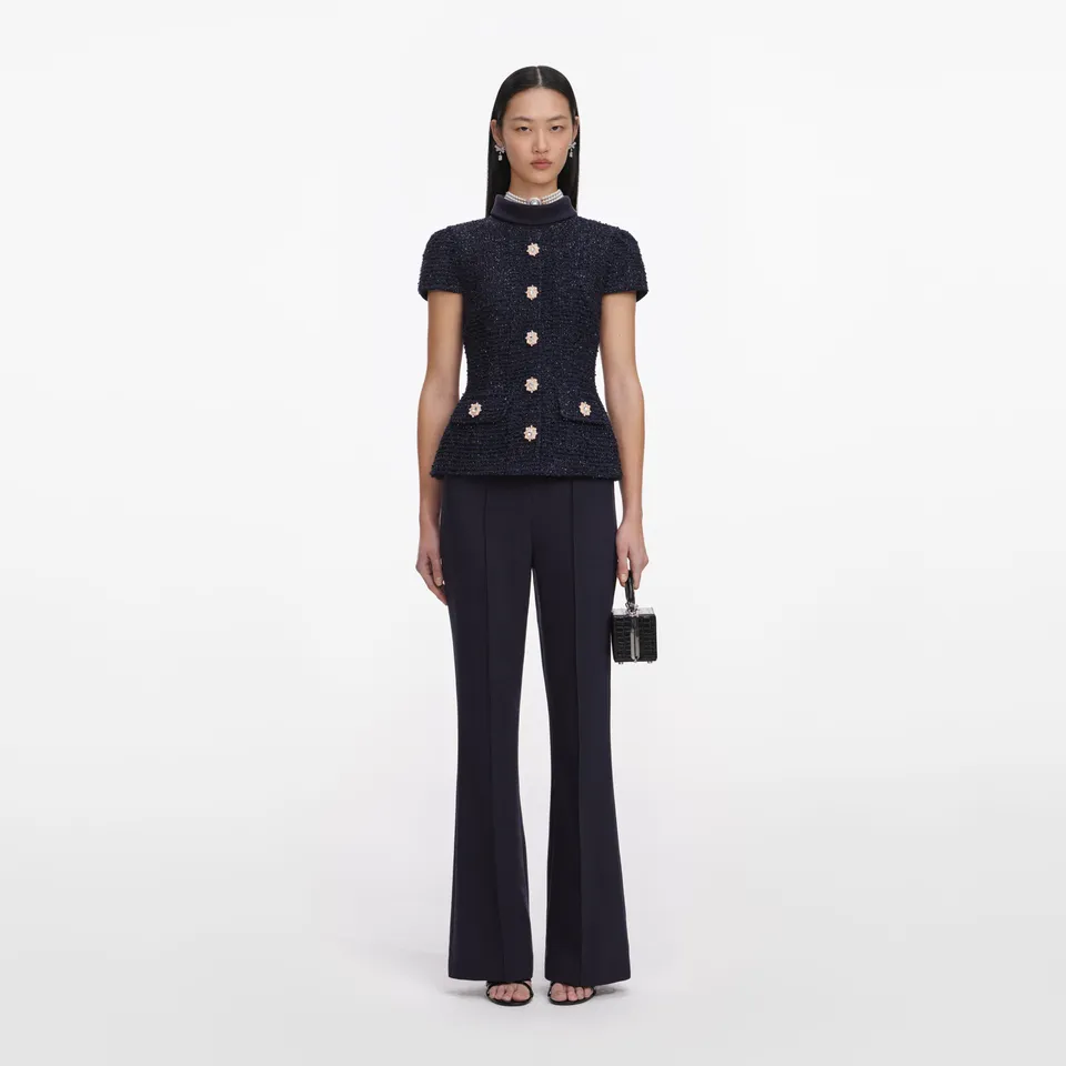 Self Portrait Navy Metallic Boucle Jumpsuit Overall Blau
