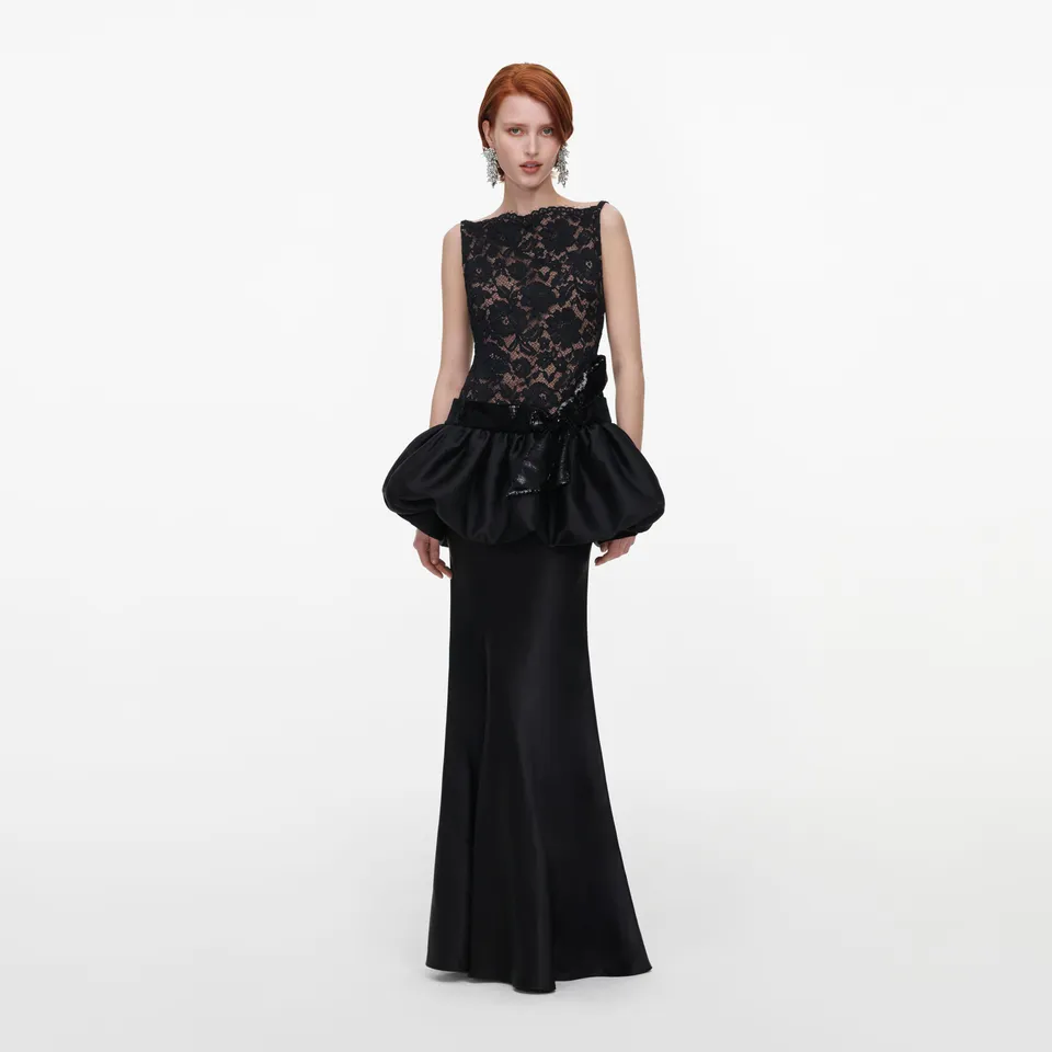 Self Portrait Black Lace Bubble Peplum Maxi Kleid UK 6 Schwarz